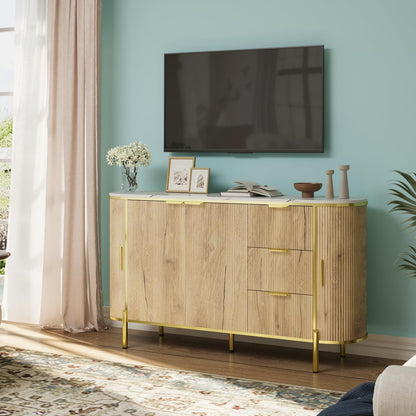 Sideboard Buffet Storage Cabinet, 60in Large Modern Fluted Cupboard Coffee Bar TV Console Cabinet with 3 Drawers and Adjustable Shelf for Kitchen Dining Room Entryway Living Room, Natural Oak