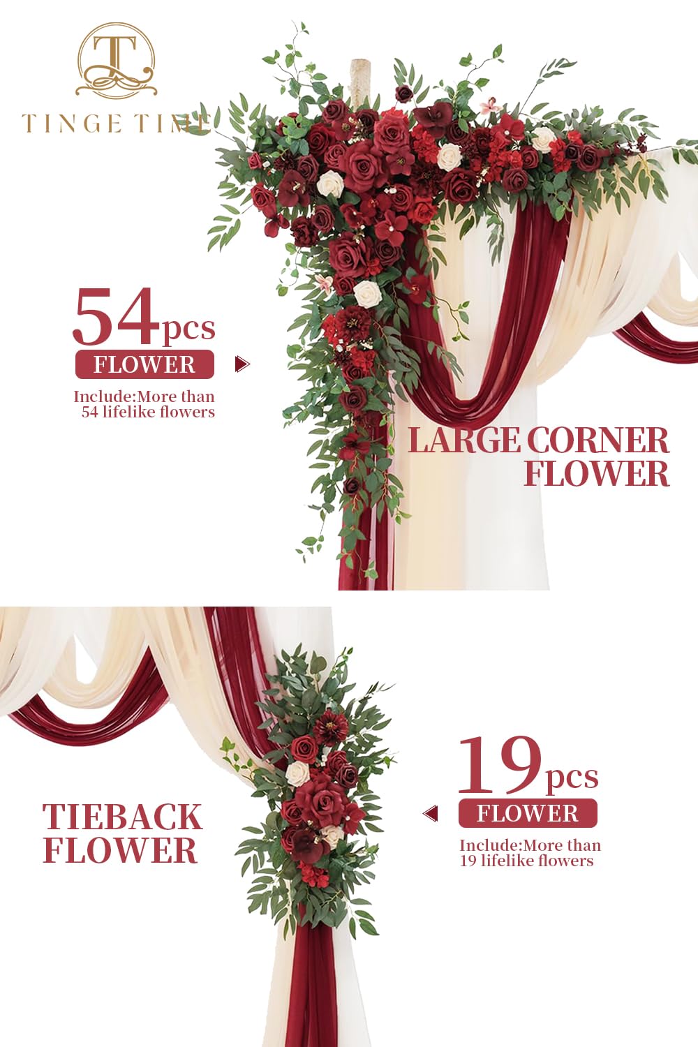 TINGE TIME Wedding Arch Flowers Kit - Deluxe 5pcs Artificial Floral Swag with 3 Sheer Drapes, Realistic Silk Flower Arrangements for Wedding Ceremony Arbor Backdrop Reception Party Home Decor