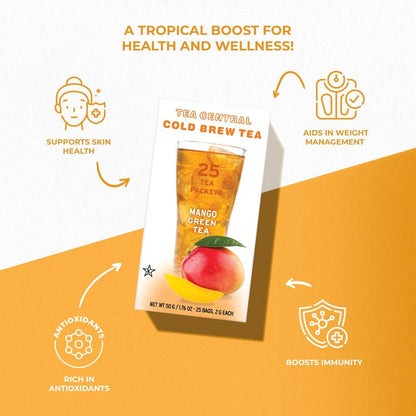 Life Plus Style Gourmet TEA CENTRAL Mango Green Tea Naturally Refreshing Cold Brew Tea Bags Ceylon Iced Green Tea Everyday Wellness Sweet Mango Fruit Tea 25 Tea Bags