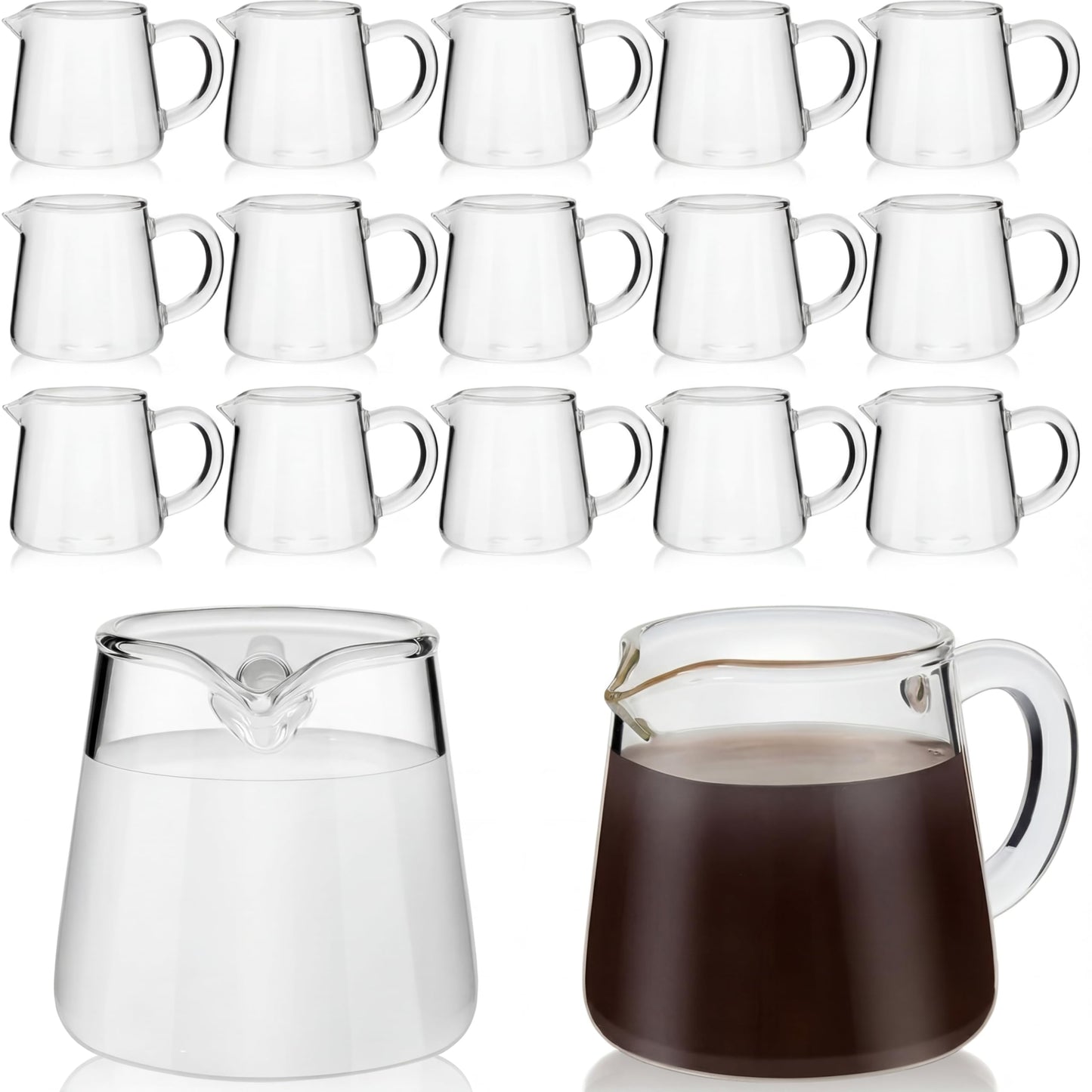 Suclain 16 Pcs Small Glass Creamer Pitcher with Spout Milk Frothing 2.3 oz Mini Milk Pourer Small Glass Pitcher with Handle Carafe Coffee Mug Pot Tea Frother Cup for Table Serving Kitchen