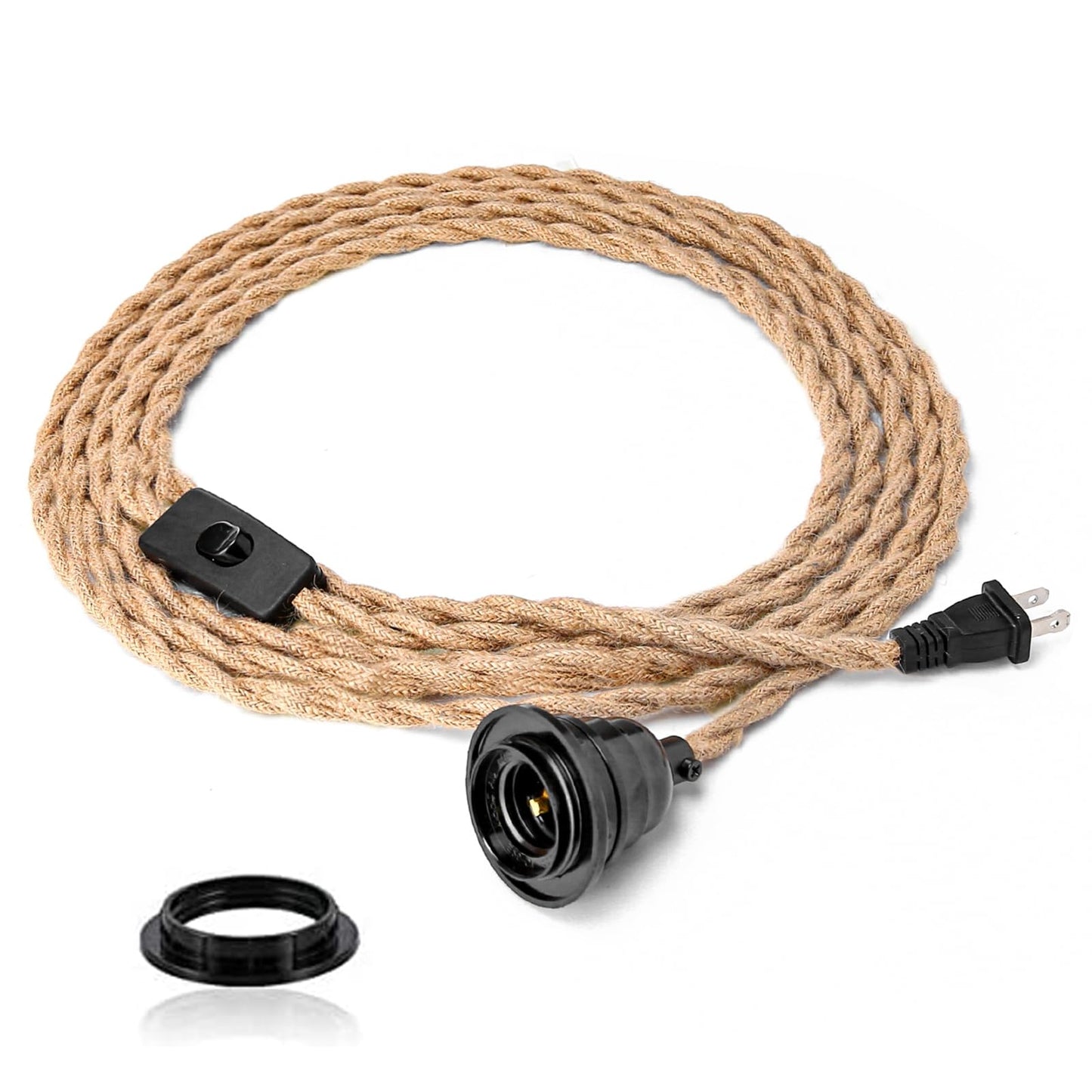 Plug in Pendant Light Cord - 15FT Industrial Hanging Light Kit, Hanging Lights with Plug in Cord With 15FT Hemp Rope, Hanging Lamp Kit with On/Off Switch,E26 E27 Light Socket, Bulb NOT Included