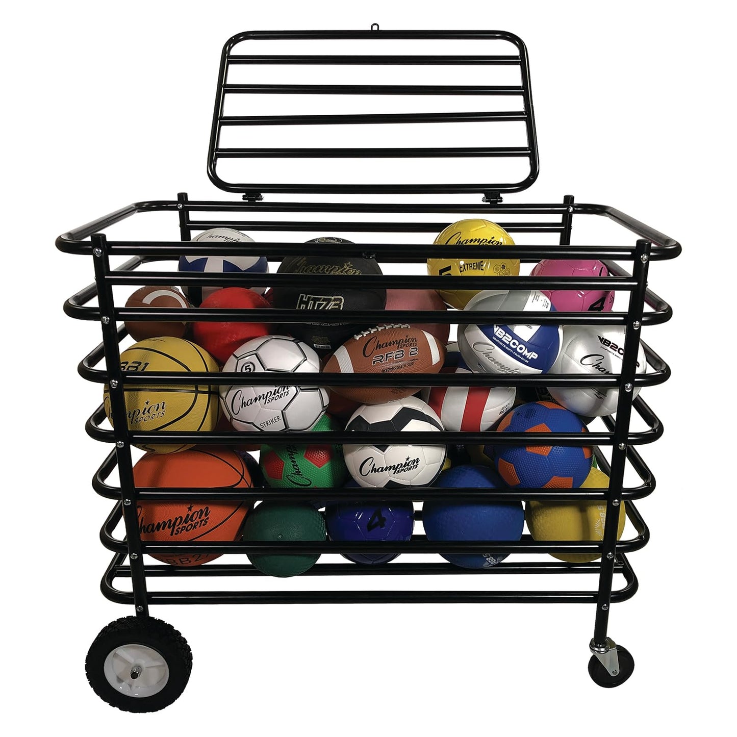 Champion Sports Ultimate Lockable Ball Locker – Heavy Duty Powder Coated Steel Ball Locker with Swivel Caster and Rear Wheels – Hinged Lid - Holds Up to 30 Balls – Black