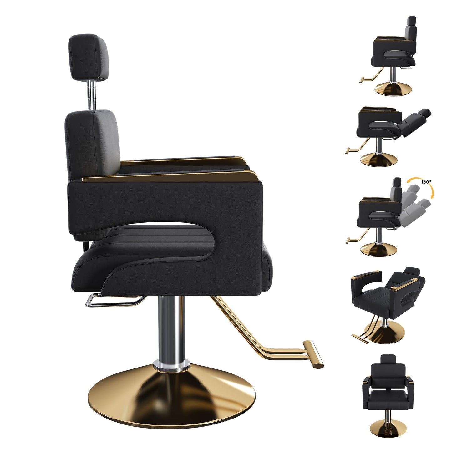 KEIKI Luxury Hydraulic Barber Chair, 160° Reclining Salon Chair w/Adjustable Height & 360° Swivel, Heavy Duty Styling Chair w/Gold Base, PU Leather Cushioned Barber Chair for Salon Spa, Black Gold