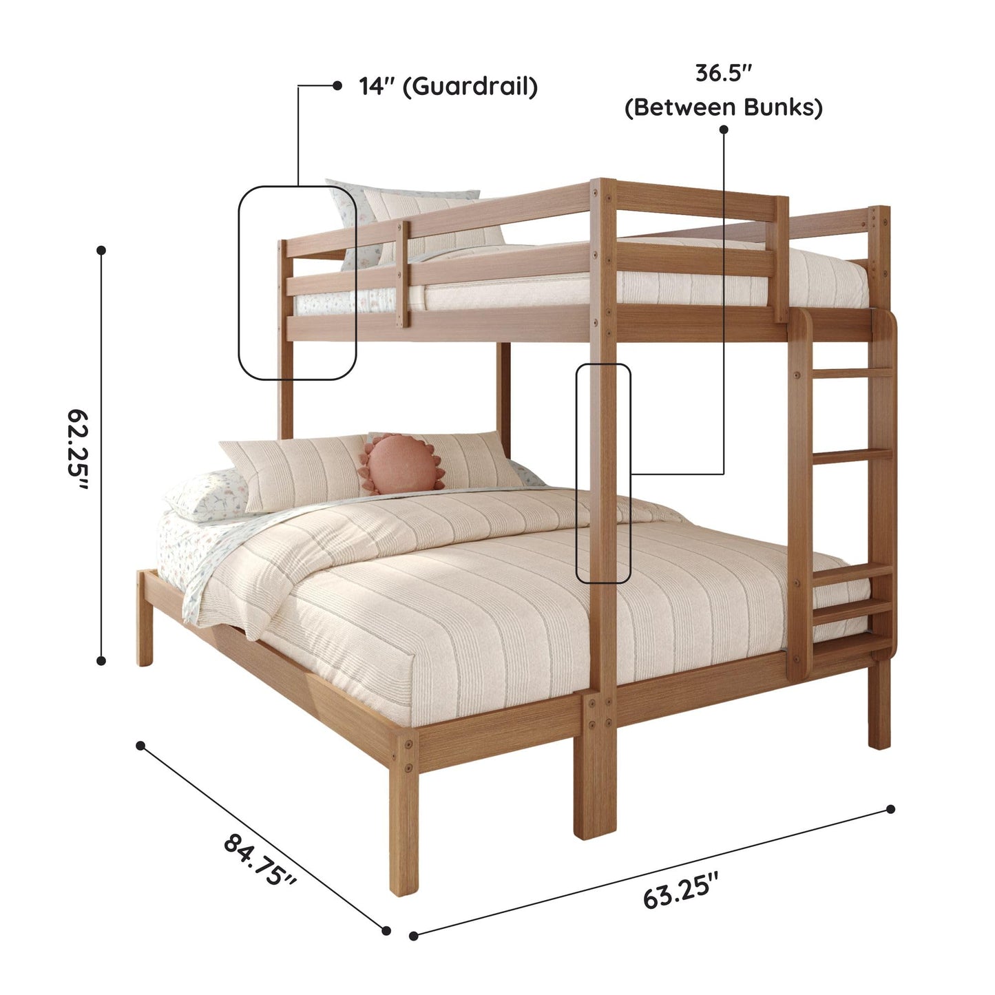 Grain & Grove Bear Twin XL Over Queen Bunk Bed, Sturdy Bunk Bed Frame for Kids, Plywood Bunk with Ladder, Guardrail, and Slats, No Box Spring Required, Oak Embossed Pecan