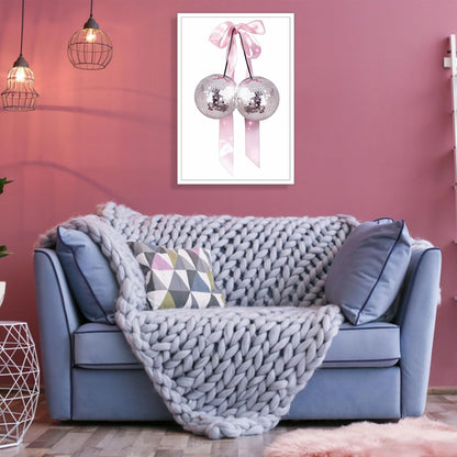 Generic 16x24in Trendy Pink Bow Disco Ball Posters White Cherry Canvas Wall Art Funky Coquette Bow Ribbon Preppy