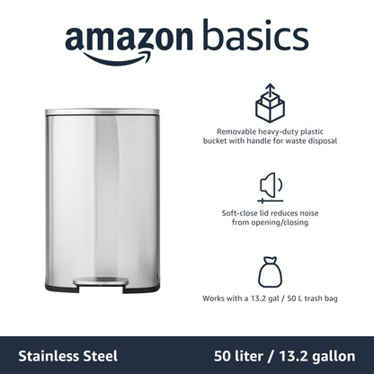 Amazon Basics Smudge Resistant Rectangular Trash Can with Soft-Close Lid, Foot Pedal, Removable Inner Bucket, 50 Liter/13.2 Gallon, Brushed Stainless Steel, Satin Nickel Finish