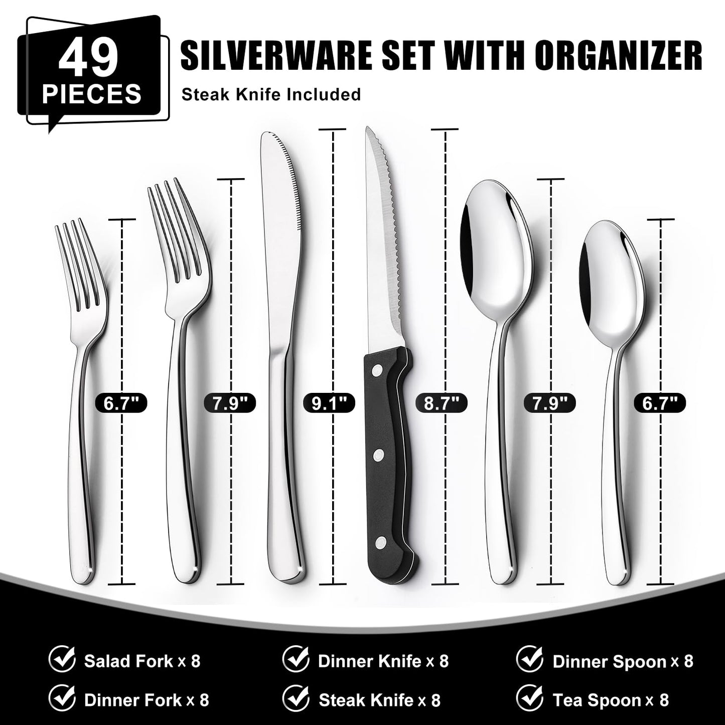49-Piece Silverware Set with Organizer, Heavy Duty Stainless Steel Flatware Set for 8, Cutlery Utensil Sets with Steak Knives, Rust-proof, Mirror Polished, Dishwasher Safe, Heavy Duty