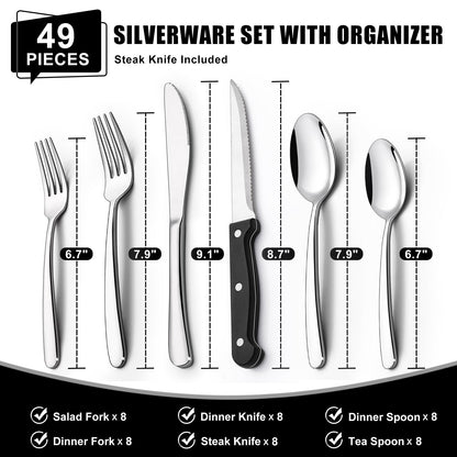 49-Piece Silverware Set with Organizer, Heavy Duty Stainless Steel Flatware Set for 8, Cutlery Utensil Sets with Steak Knives, Rust-proof, Mirror Polished, Dishwasher Safe, Heavy Duty
