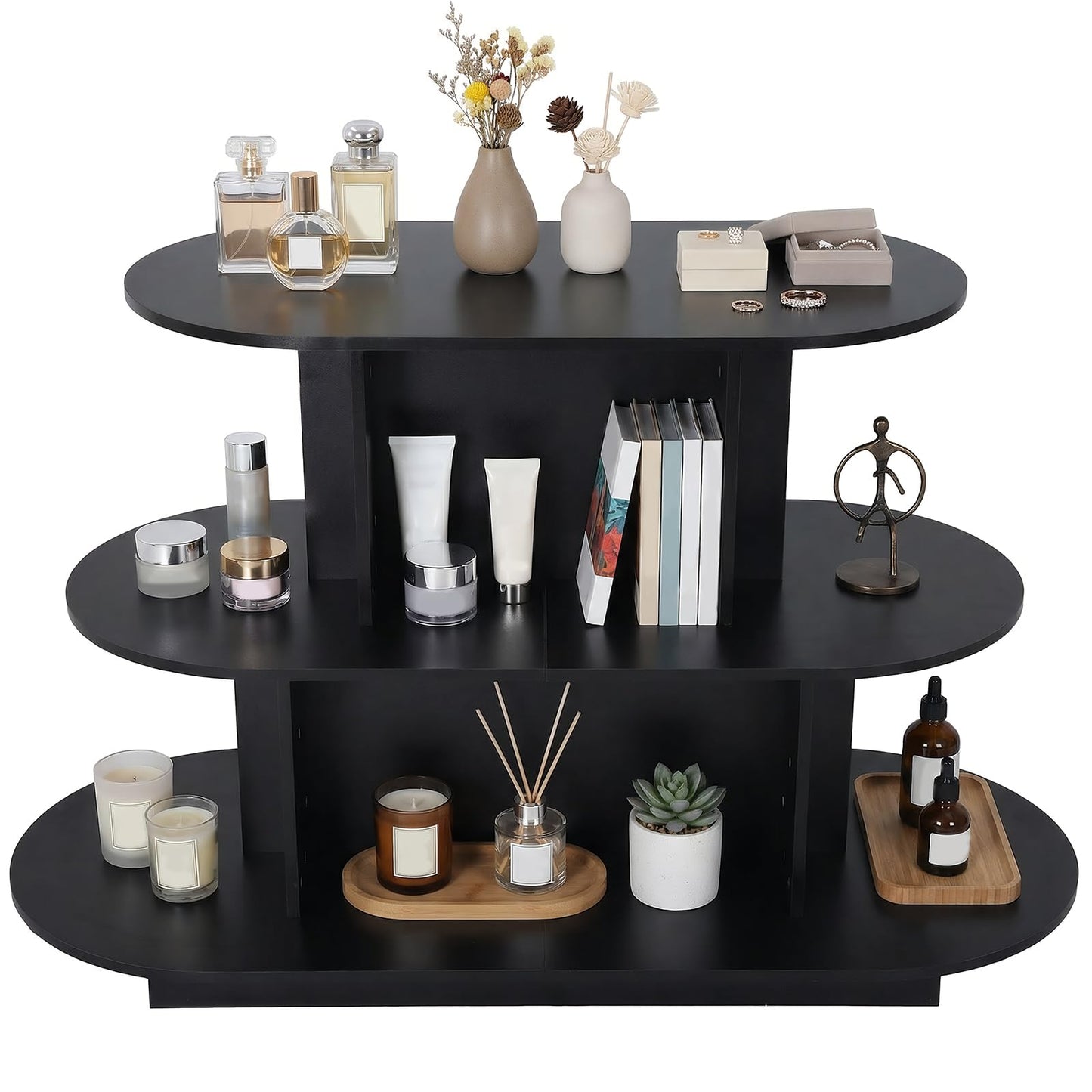 FASDRESS 3 Tier Wooden Oval Display Table Modern Standing Display Riser Shelf Retail Table for Stores Vendor Events 55in W x 23.6in D x 35in H (Black)