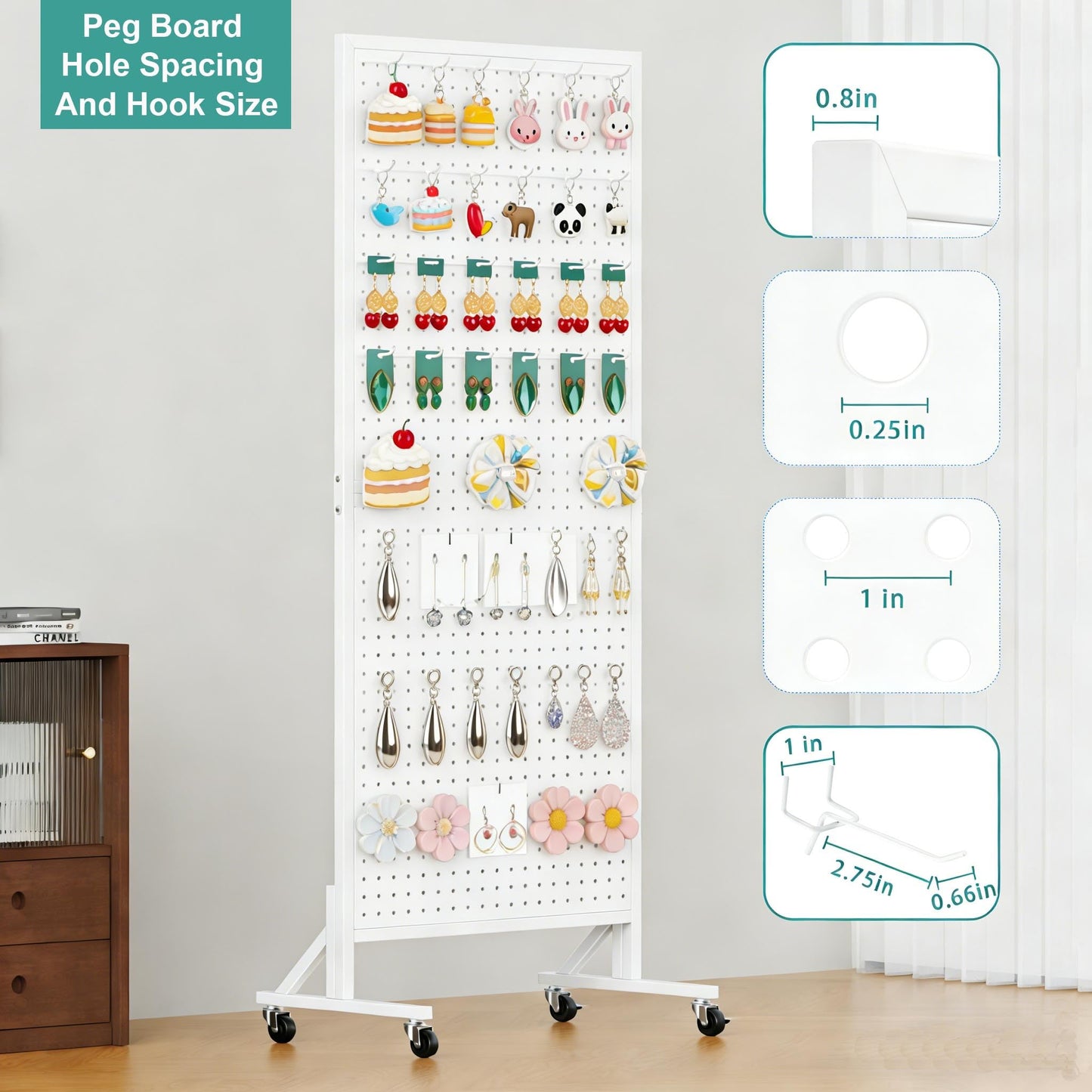CursorTech Pegboard Display Stand with 32 Hooks 24" X70” Metal Pegboard on Wheels and T-Base Heavy Duty Standing Rack Organizer Panels Units for Ornament Retail & Vendors Craft Show Store Display