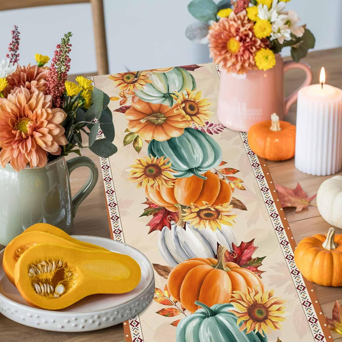 LooPoP 13x36 Inches Thanksgiving Fall Pumpkin Table Runners Maple Leaf Orange Lattice Long Washable Table Runner