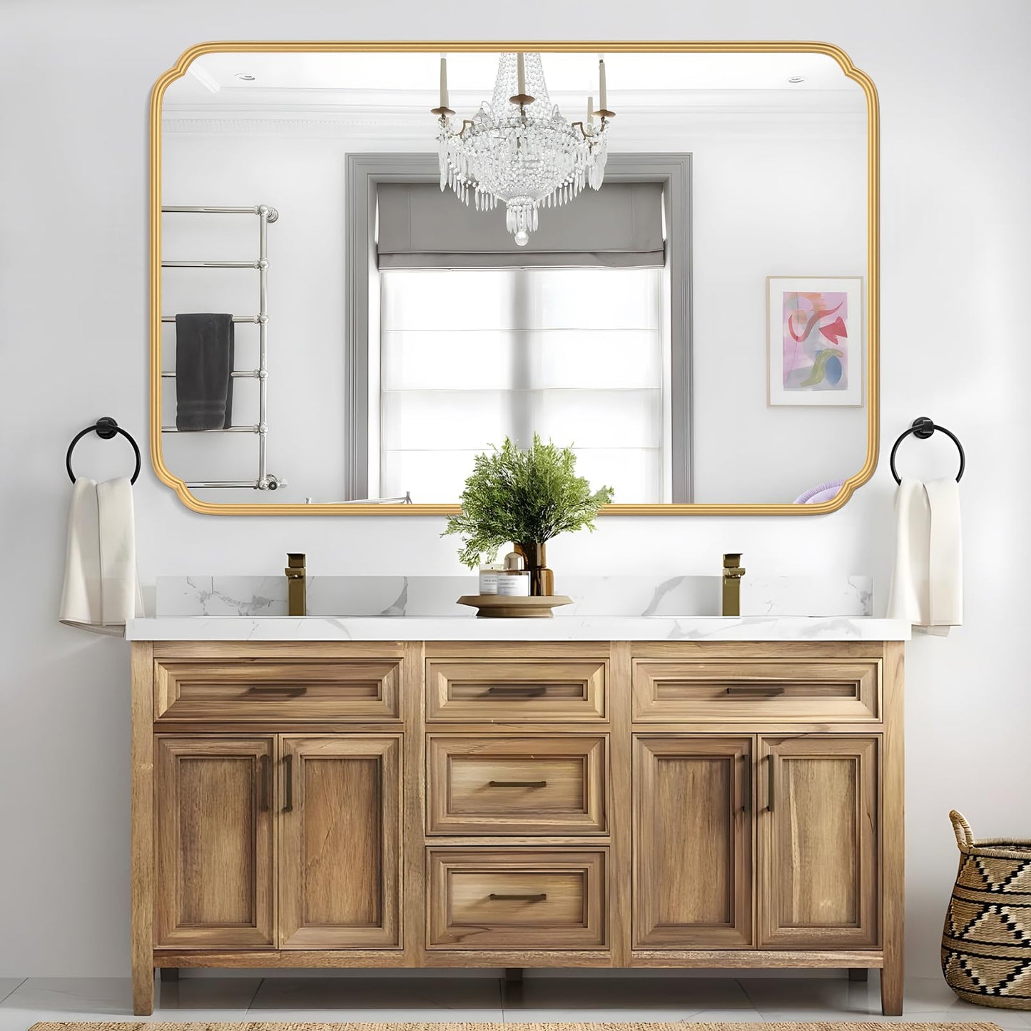 Ferytange 55X36 Inch Gold Metal Framed Bathroom Mirror for Wall, Large Rounded Rectangle Bathroom Vanity Mirror Farmhouse, Anti-Rust, Tempered Glass, Hangs Horizontally or Vertically