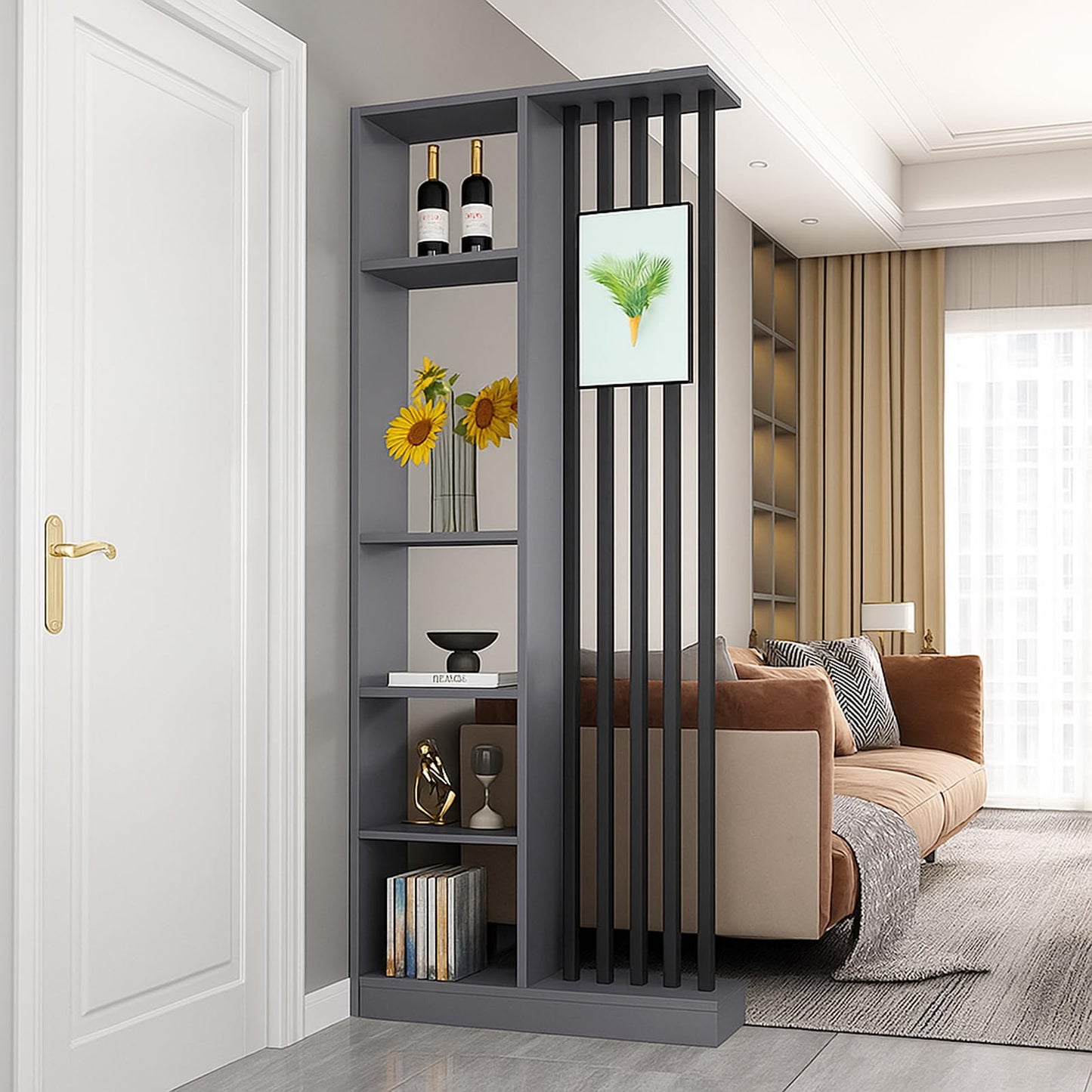 Wall Room Divider with Storage Shelves, Modern Freestanding Room Divider Screen, Open Room Wood Partition for Home & Office Decor (Grey + Black, 31.5" L x 9.5" W x 79.5" H)