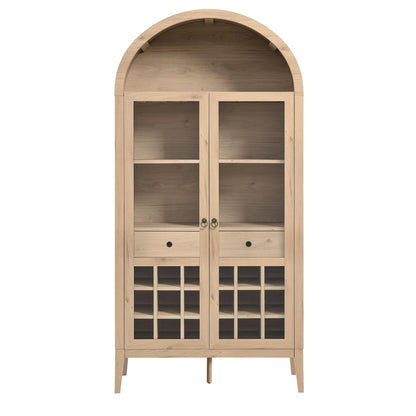 Modway Nolan Modern Farmhouse Arched Bar Cabinet in Light Oak Wood Grain - 72 Inch Tall Wine Storage Cabinet with Glass Doors and Wine Rack - Large Liquor Cabinet for Dining or Living Room