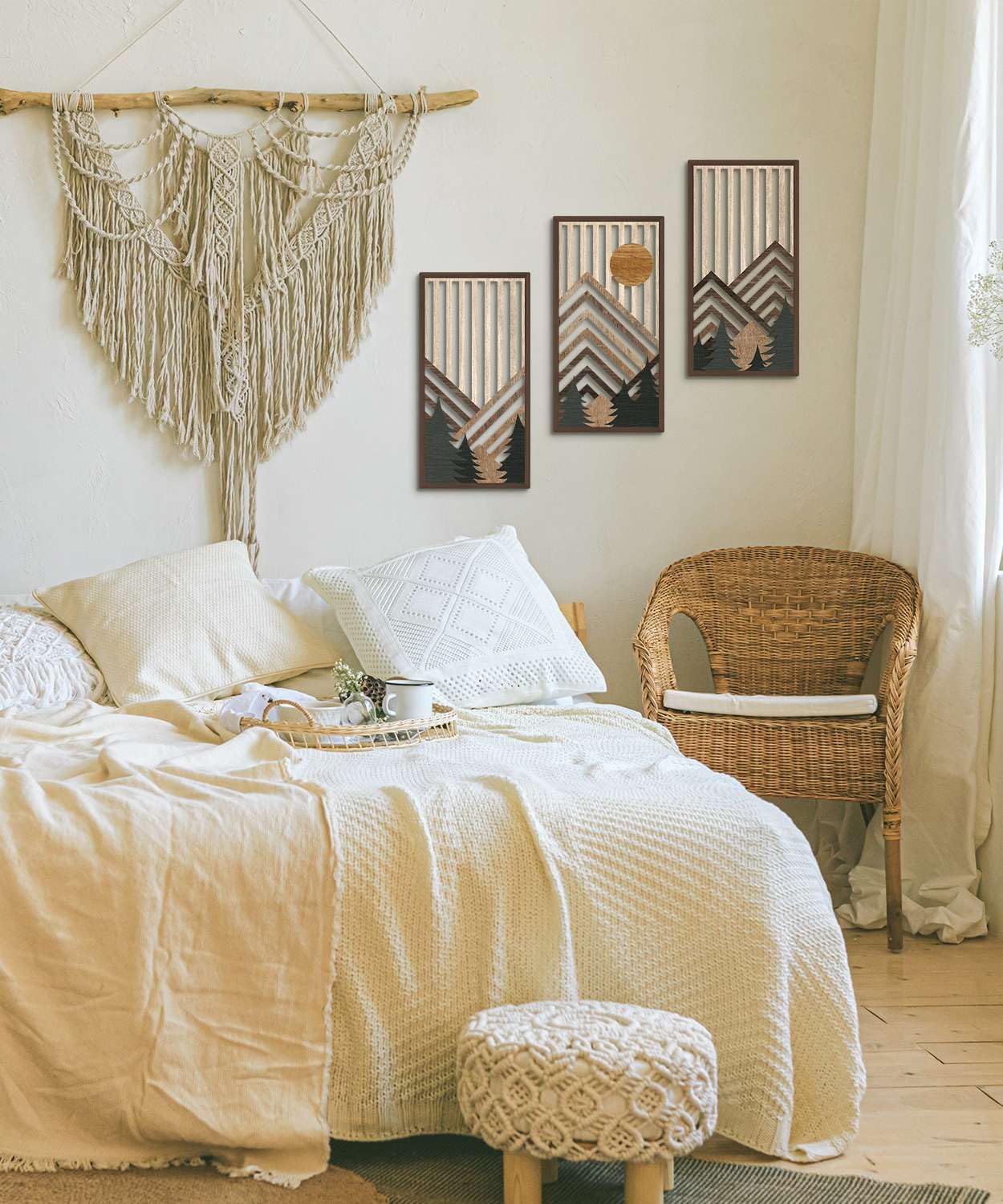 Putuo Decor Boho Mountain Wall Art Set of 3, Rustic Wooden Wall Decor, Nature-Inspired Geometric Artwork, Mid-Century Modern Aesthetic for Living Room, Bedroom, Office Brown 16.5 x 8.6 inch