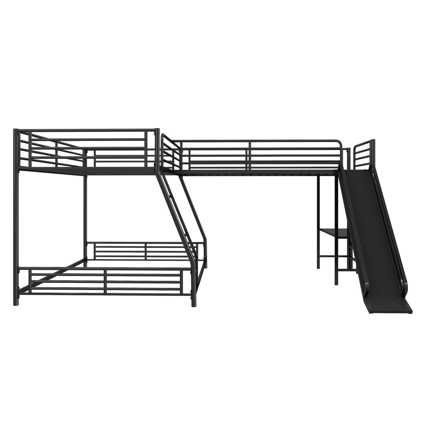 Merax L-Shaped Twin Over Full Bunk Bed with Twin Size Loft Bed, Black Metal Bunk Bed with Built-in Desk and Slide