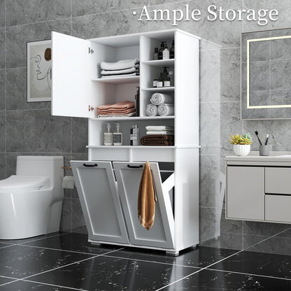 Tall Laundry Cabinet with Double Tilt Out Laundry Hamper, Freestanding Floor Bathroom Cabinet with 12 * 2 Gallon Laundry Storage Basket for Bathroom, Kitchen, White