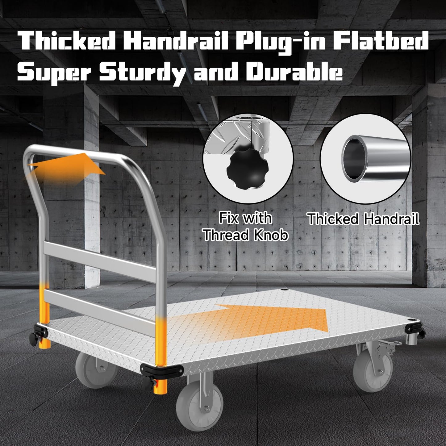 Heavy Duty Platform Truck 3000 lb Capacity, 44" x 28" Steel Flatbed Cart with 2 Detachable Handles, 6" Rubber Swivel Wheels, Industrial Push Dolly for Warehouse & Commercial Use