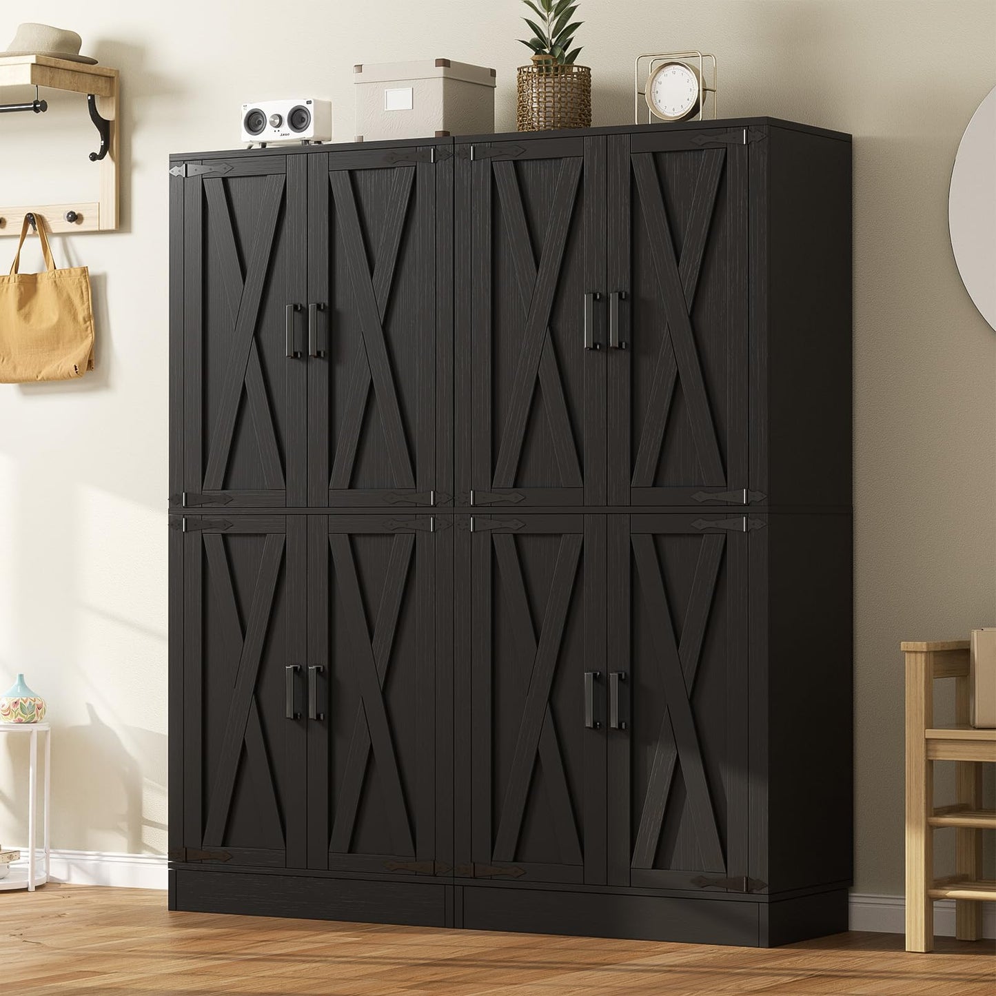 Unikito 71" Tall Kitchen Pantry Cabinet with Farmhouse Barn Doors and Storage Drawer, 4 Adjustable Shelves, Freestanding Cupboard for Kitchen, Dining Room, Living Room, Utility Room, Black 2 Pack