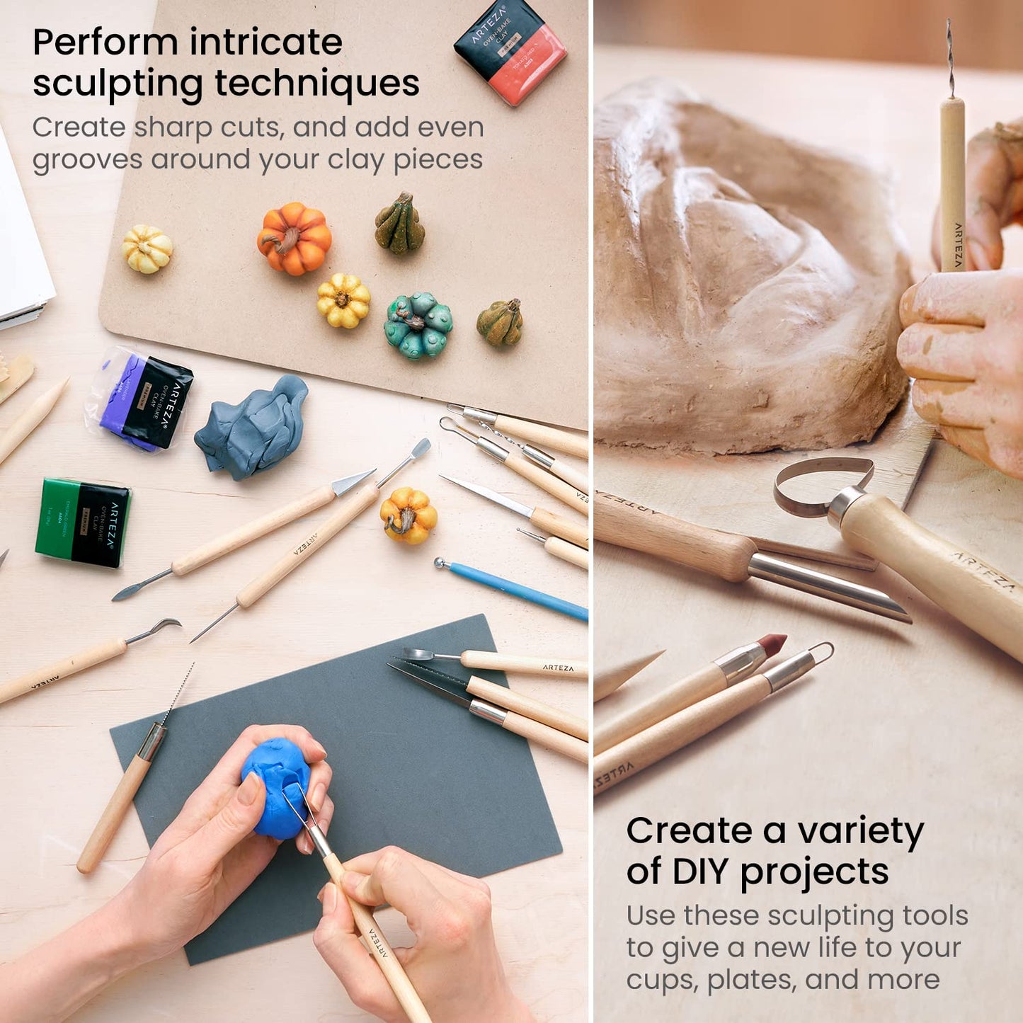 ARTEZA Pottery & Sculpting Tools, 42-Piece Clay Tools Set with Wooden Handles & Steel Tips for Polymer Clay, Ceramics, Carving, Modeling, Shaping & Smoothing