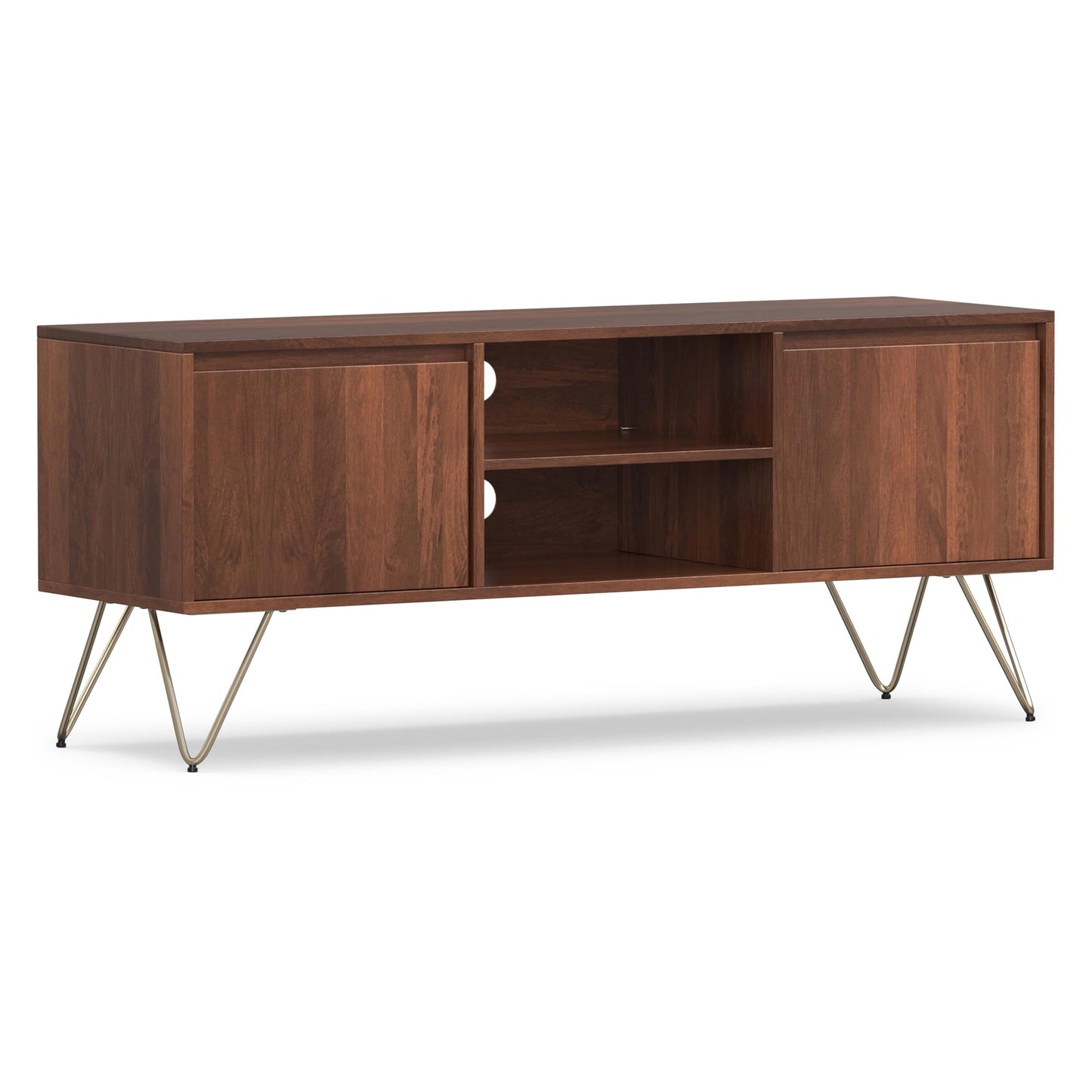 SIMPLIHOME Hunter TV Stand - 60 inch Wide Solid Mango Wood Media Console in Umber Brown and Gold, Industrial Entertainment Center for Living Room for TVs up to 65 Inches with Metal Hairpin Legs