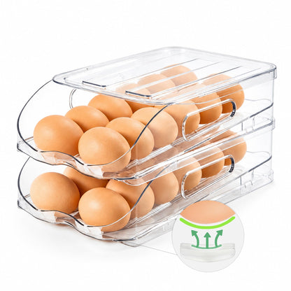 SMRCAD Egg Holder for Fridge, Automatic Steady Rolling Egg Container with Soft Bumpers & Handle for Refrigerator, Stackable Fridge Organizers and Storage with Lid