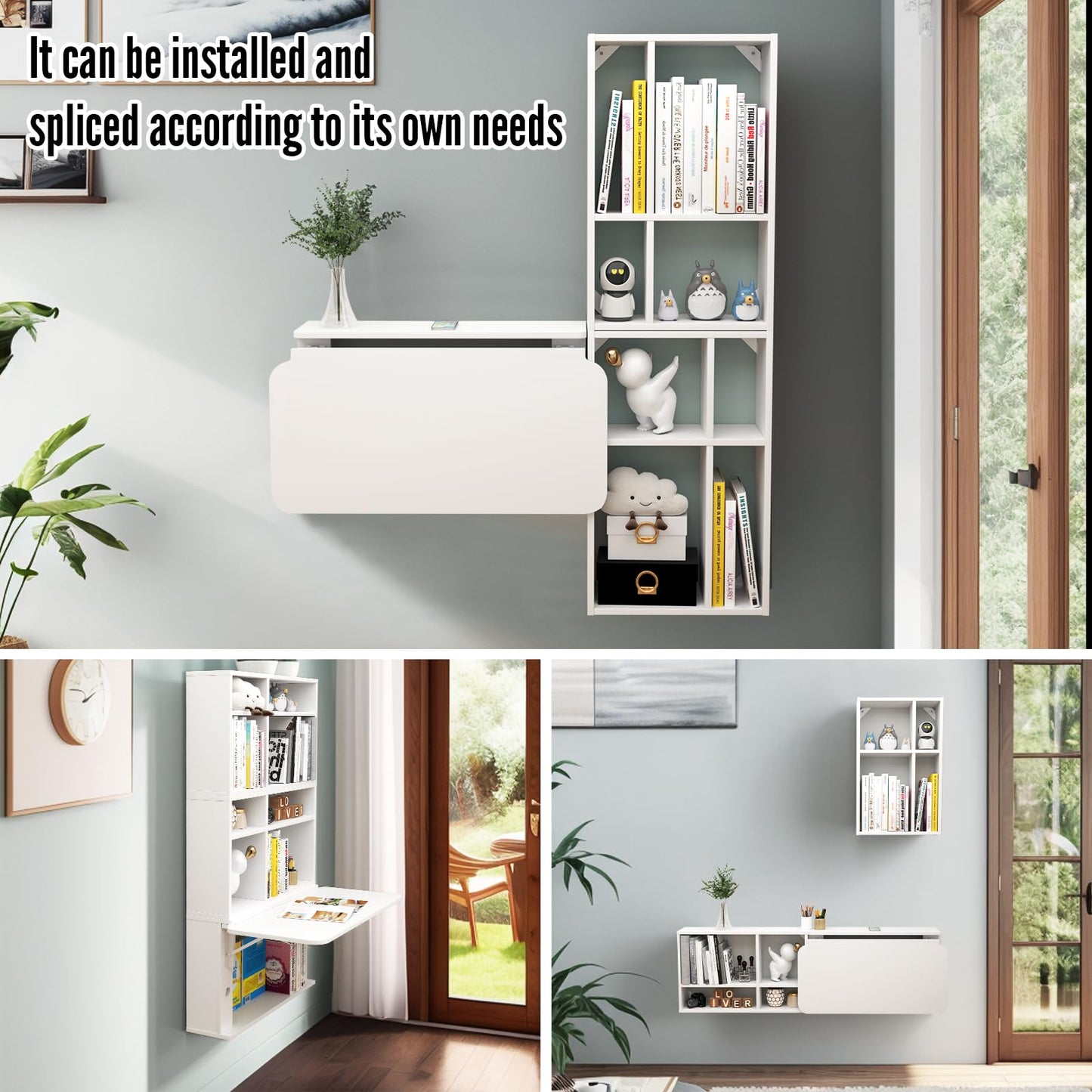 TuckTect Floating Desk with Storage Shelves, 81'' Wall Mounted Desk Laptop Writing Study Table, Folding Drop Leaf Table, Multifunctional Computer Workstation for Narrow Small Space