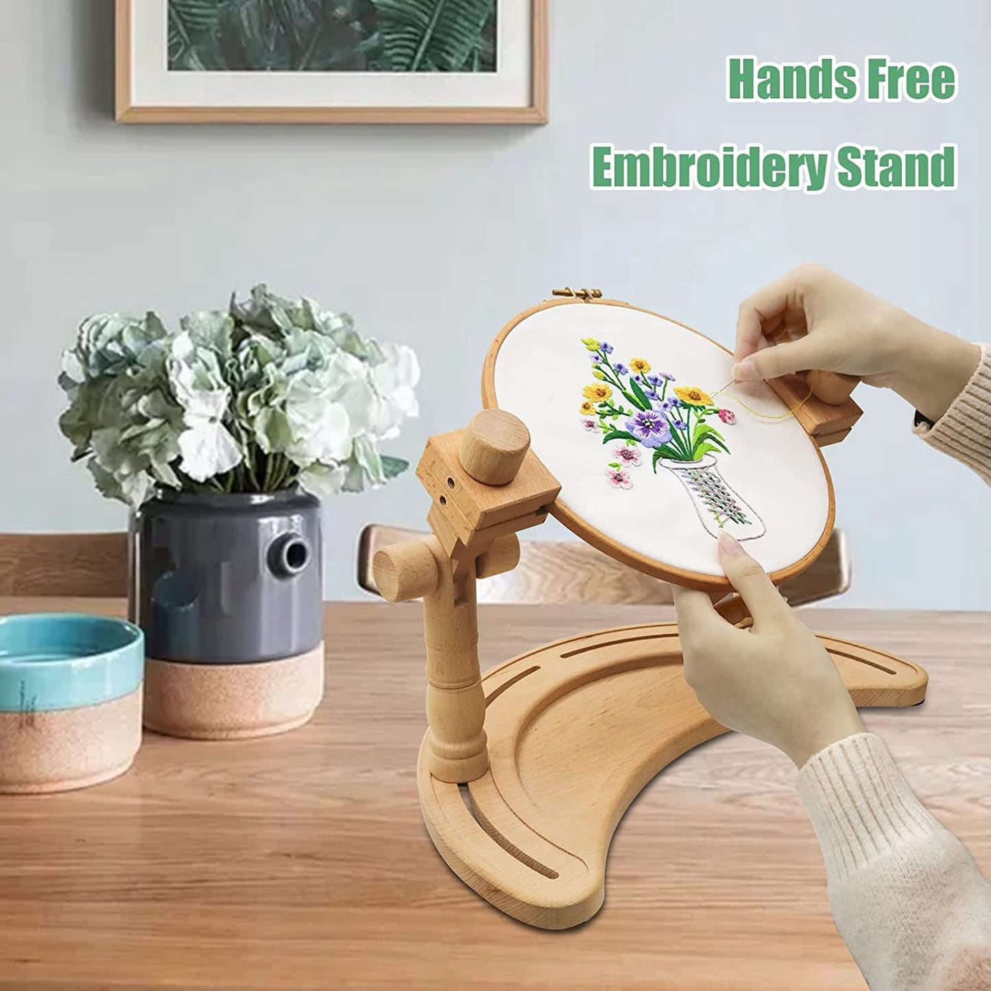 Adjustable Embroidery Stand, Wooden Hoop Stand Holder,Desktop 360° Rotating Embroidery Kit Lap Frame,B