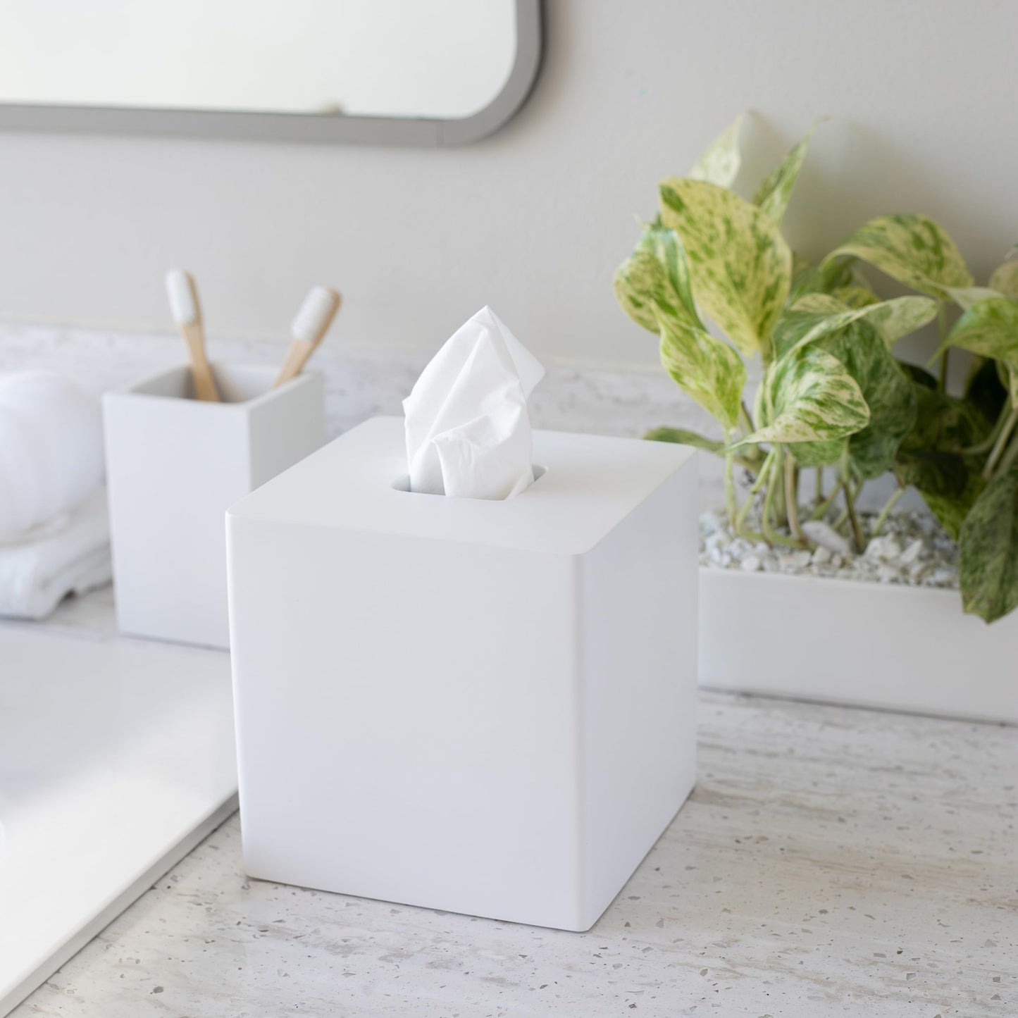 Yew Design Matte White Square Tissue Box Cover, Decorative Tissue Box Dispenser for Bathroom, Parlors, Office, Bedroom Dresser, Vanity Countertop, Nightstand, Car, and Desk