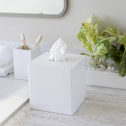 Yew Design Matte White Square Tissue Box Cover, Decorative Tissue Box Dispenser for Bathroom, Parlors, Office, Bedroom Dresser, Vanity Countertop, Nightstand, Car, and Desk