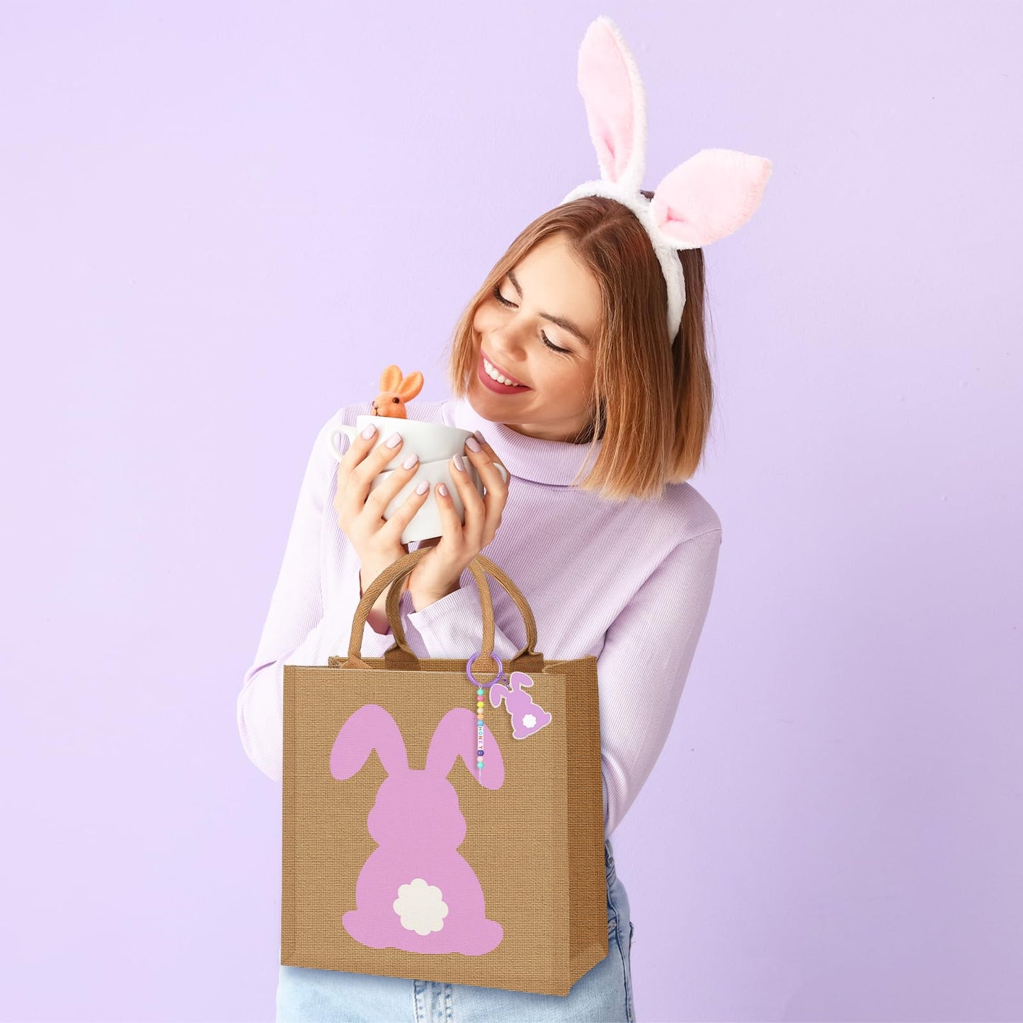 Hillban 4 Sets Personalized Easter Burlap Gift Bags Reusable Large Egg Hunt Bunny Tote with Handles and DIY Name Beads Keychain Making Kit for Women Jute Baskets for Easter Party Favors Gifts Storage