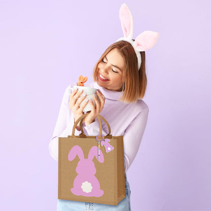 Hillban 4 Sets Personalized Easter Burlap Gift Bags Reusable Large Egg Hunt Bunny Tote with Handles and DIY Name Beads Keychain Making Kit for Women Jute Baskets for Easter Party Favors Gifts Storage