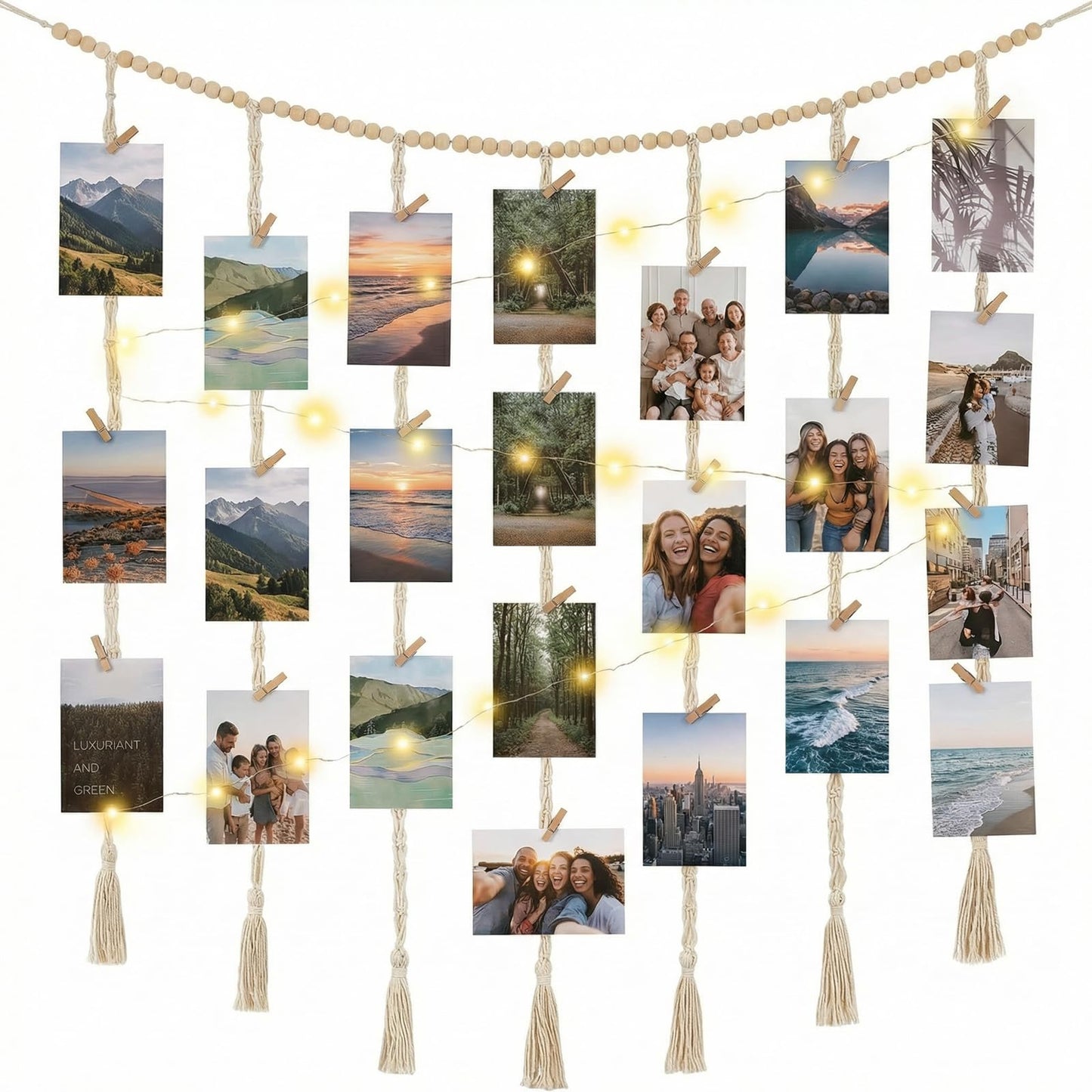 shuielai Macrame Hanging Photo Display with String Lights, Boho Wall Decor with Wooden Beads Garland & Clips, Picture Collage Holder for Bedroom Living Room Dorm, for Teen Girls