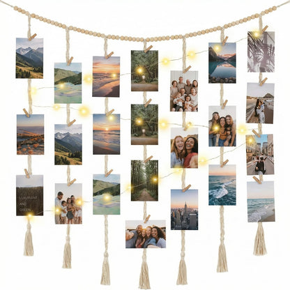 shuielai Macrame Hanging Photo Display with String Lights, Boho Wall Decor with Wooden Beads Garland & Clips, Picture Collage Holder for Bedroom Living Room Dorm, for Teen Girls