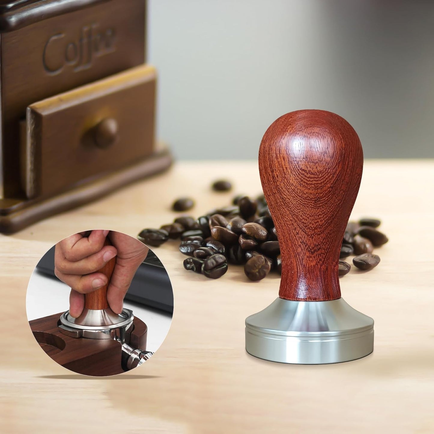 58mm Coffee Tamper - Stainless Steel Espresso Hand Tamper with Wooden Handle and Mat