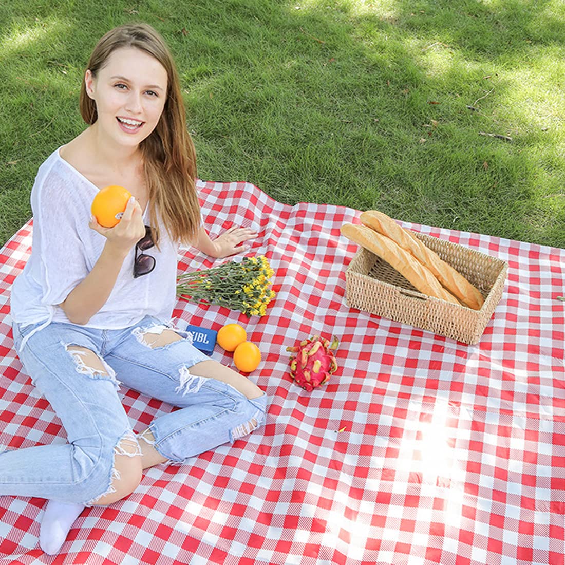 RUIBOLU Large Picnic Blankets,80x60in Beach Blanket Sandproof Beach Mat for 3-5 Adults Waterproof Quick Drying Outdoor Picnic Mat for Travel Camping Hiking(Red Plaids)