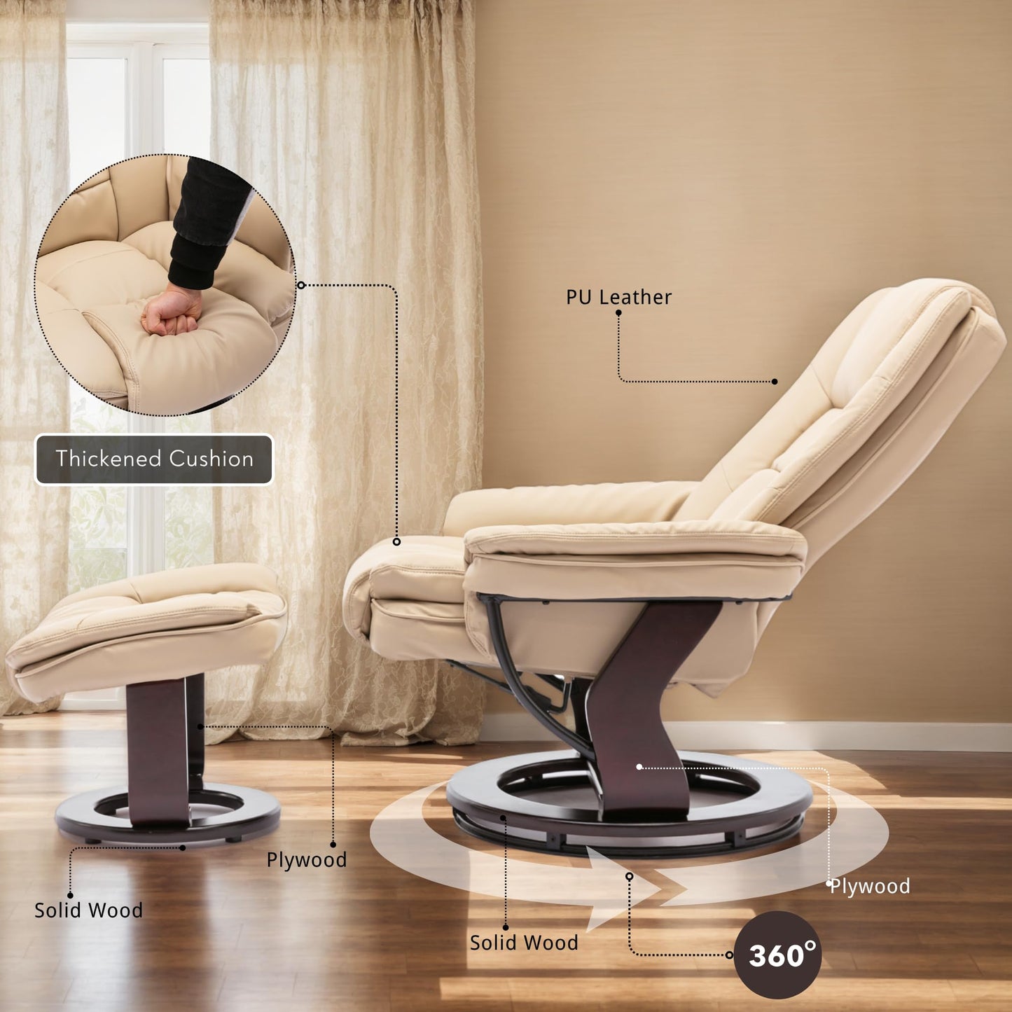 Argus Swivel Recliner with Ottoman, PU Leather & Wood Base Reclining Chair with Footrest, Ultra-Plush Double Foam for Living Room, Bedroom and Office, Set of 2