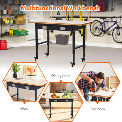 60" x 22" Adjustable Height Workbench - Heavy Duty 2000 lbs Load Capacity, Solid Rubber Wood Top, Sturdy Metal Frame, Workstation with Drawer & Rolling Casters, Power Outlets for Garage & Workshop