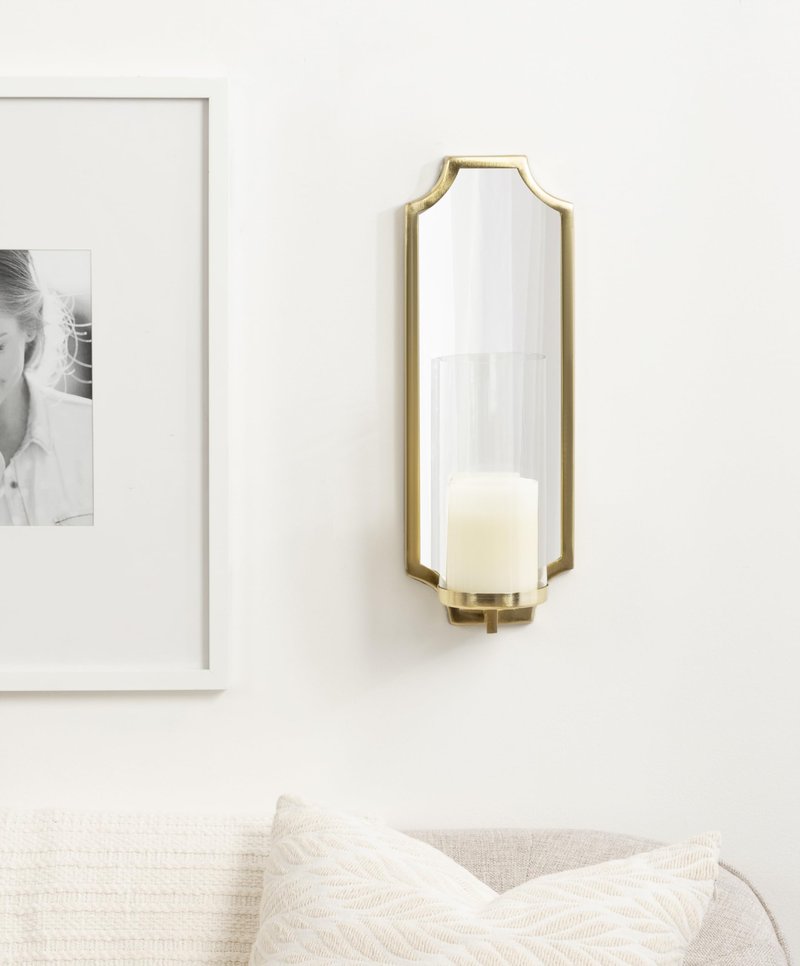 Kate and Laurel Ciel Glam Mirrored Wall Sconce; 6 x 5 x 16; Gold; Modern Scalloped Candle Holder with Removable Glass Cylinder and Mirror for Bathroom or Bedroom Wall Decor