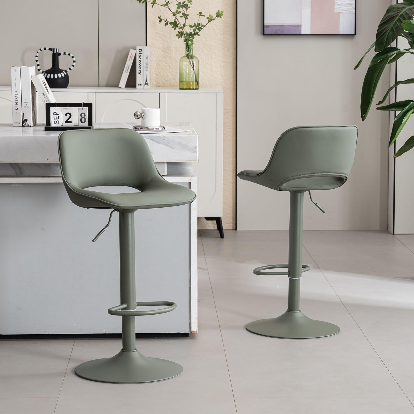 YOUNIKE Bar Stools Set of 2 Modern Swivel Barstools, Adjustable Counter Height Bar Stools Faux Leather Upholstered Counter Stools with Hollow Back for Kitchen Island, All Olive Green
