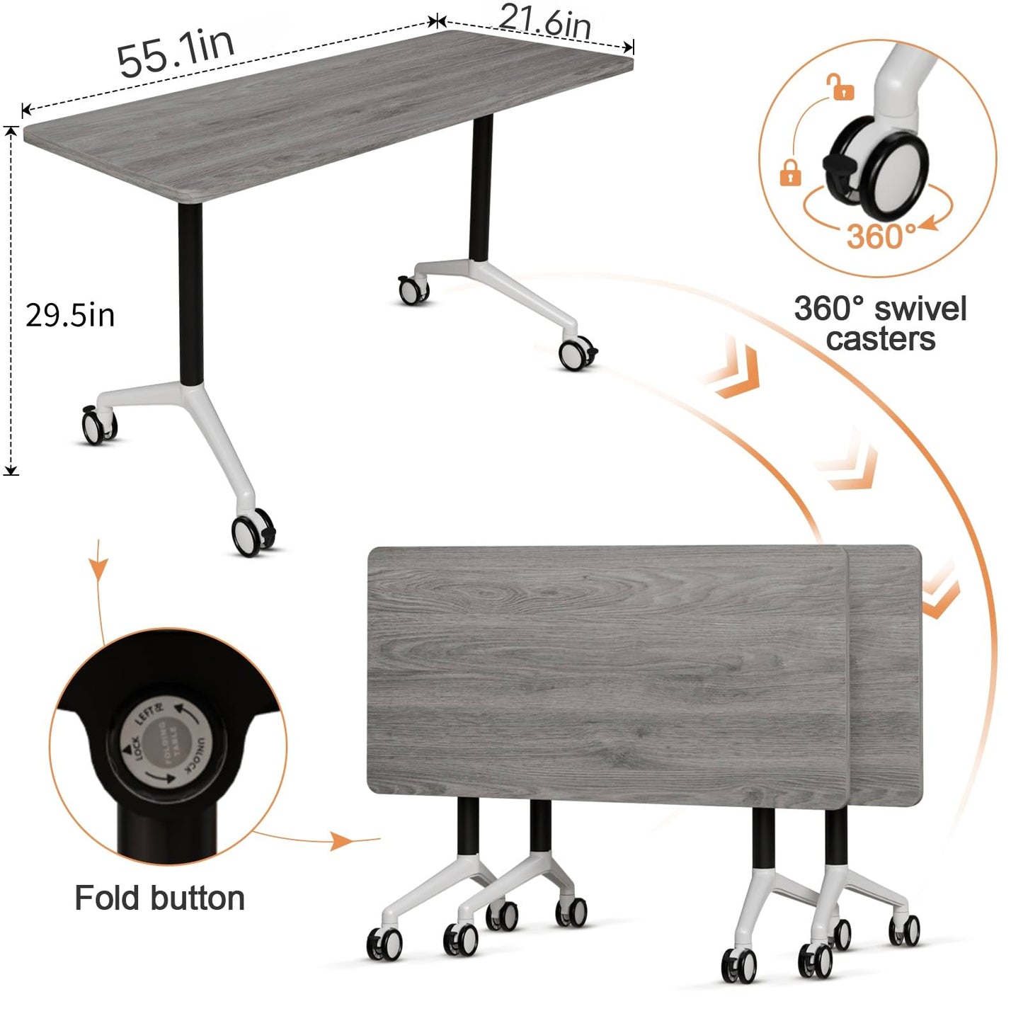 Folding Conference Table, Conference Room Tables with Wheels Foldable Large Rectangle Meeting Seminar Table for 6-12 People, Flip Top Mobile Training Table for Office Classr (4, Gray, 55.1in)
