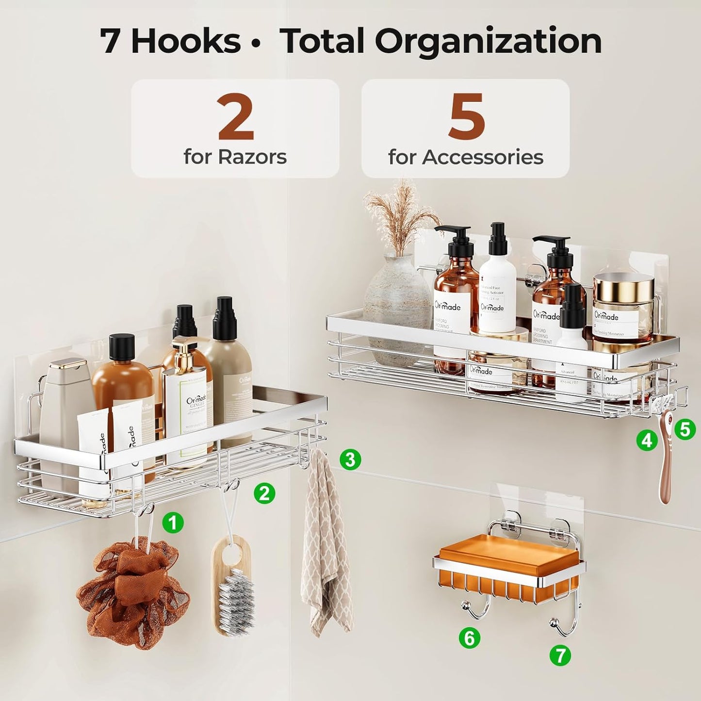 Orimade Shower Caddy - Wall-Mounted Soap Dish Holder with 5 Hooks | Stainless Steel, Silver - 3 Pack