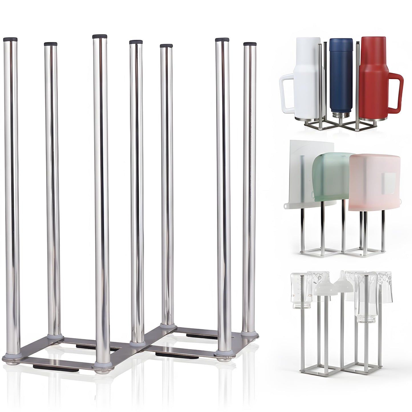 ANSOTHIN Water Bottle Drying Rack, Cup Drying Rack for Counter, Stainless Steel Tumbler Dryer Stand, Space-Saving Mug & Glass Drying Rack, Heavy-Duty Holder for Cups & Water Bottles (Silver – 7 Pegs)