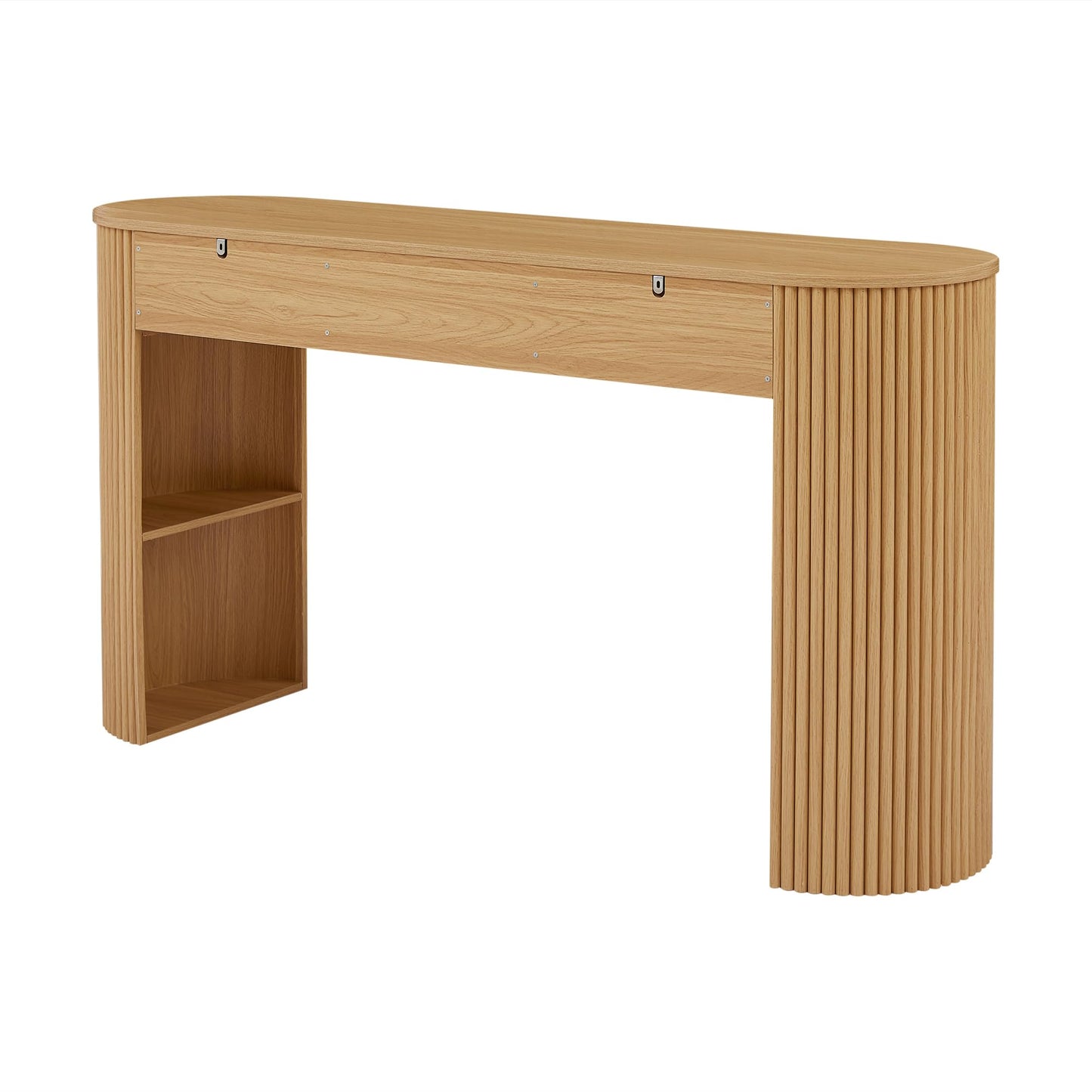 Christopher Knight Home Sara MDF Console Table With Storage, Narrow Entryway Table With 3 Drawers & Table-Leg Niche, Retro Couch Table, Round Slat Aesthetic Sofa Table For Living Room Hallway, Natural
