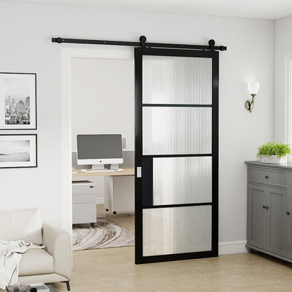 JUBEST 36"x84" Glass Barn Door, 4-Panel Reeded Safety Glass & Matt Black Painted Wood Frame Door Slab with 6FT Hardware Kits & Handles, Wear-Resistant & Scratch-Resistant, Preassembled