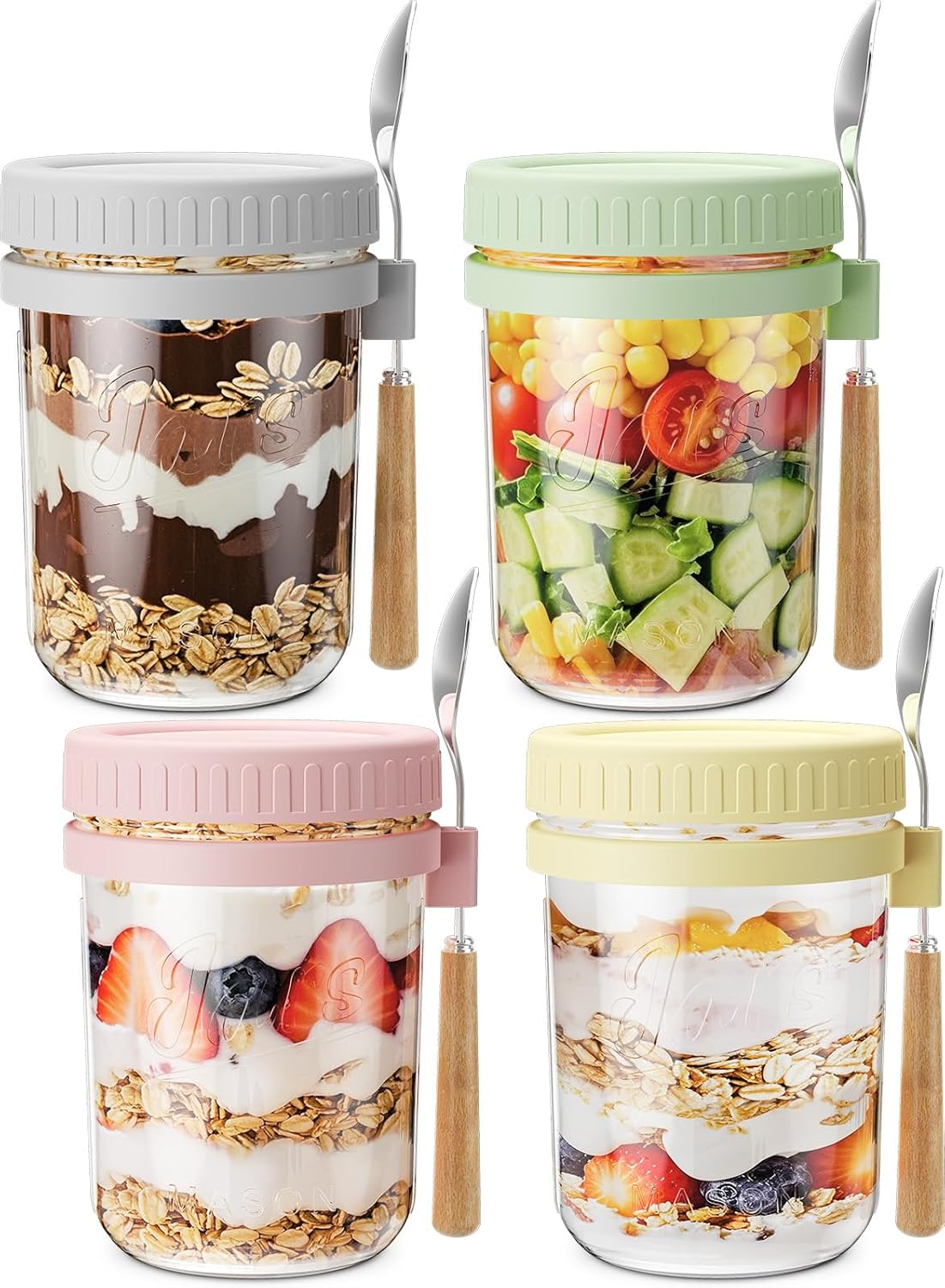 16oz 4 Pack HomArtist Overnight Oats Containers with Lids and Spoons, Wide Mouth Mason Jars with Airtight Lids