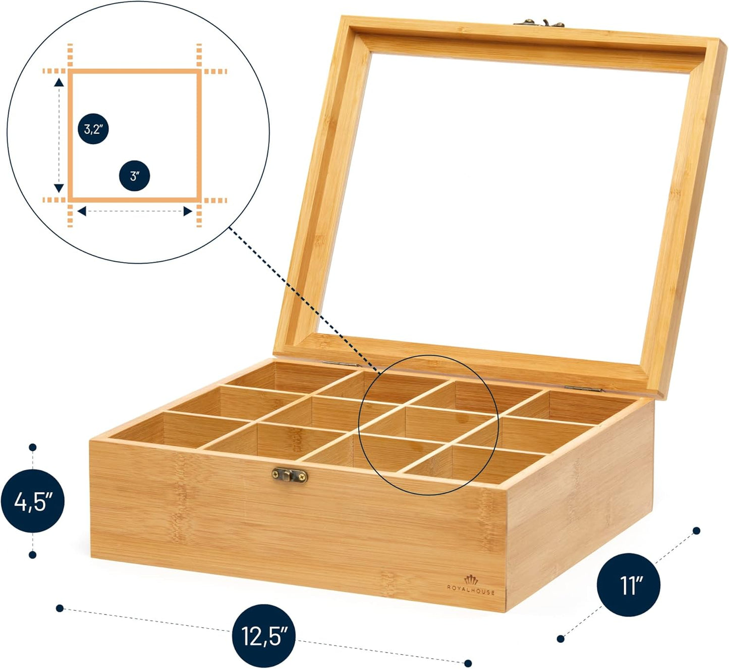 12 RoyalHouse Big Natural Bamboo Tea Storage Organizer with Clear Acrylic Top Window, Compartments Eco-Friendly Tea Bag