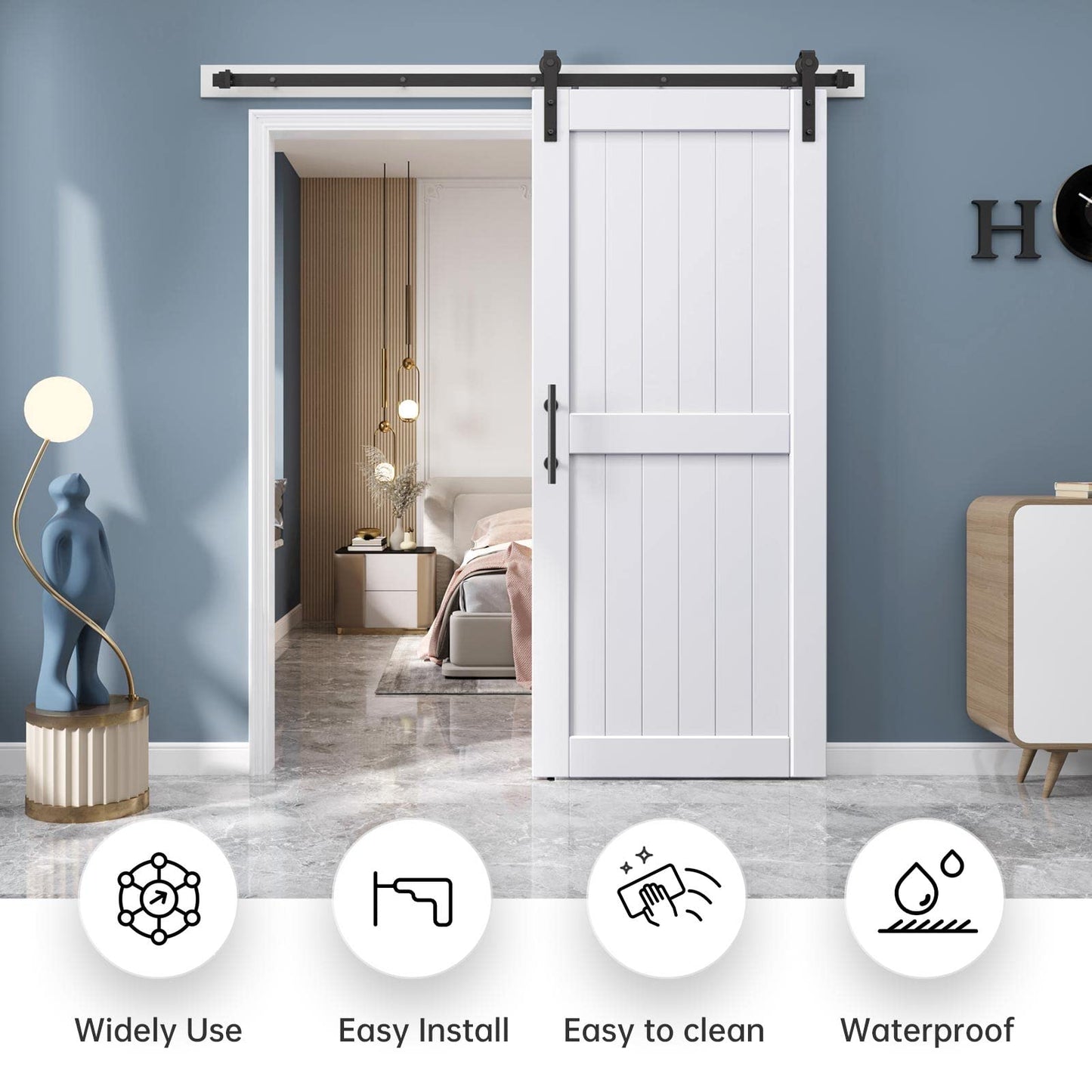 EaseLife 36 x 84 inch White Barn Door with 6.6FT Sliding Door Hardware Kit Included & Handle,Solid Wood Covered with Waterproof PVC Surface,DIY Assemblely,Easy Install,H-Frame,Fit 32-34in Wide Opening