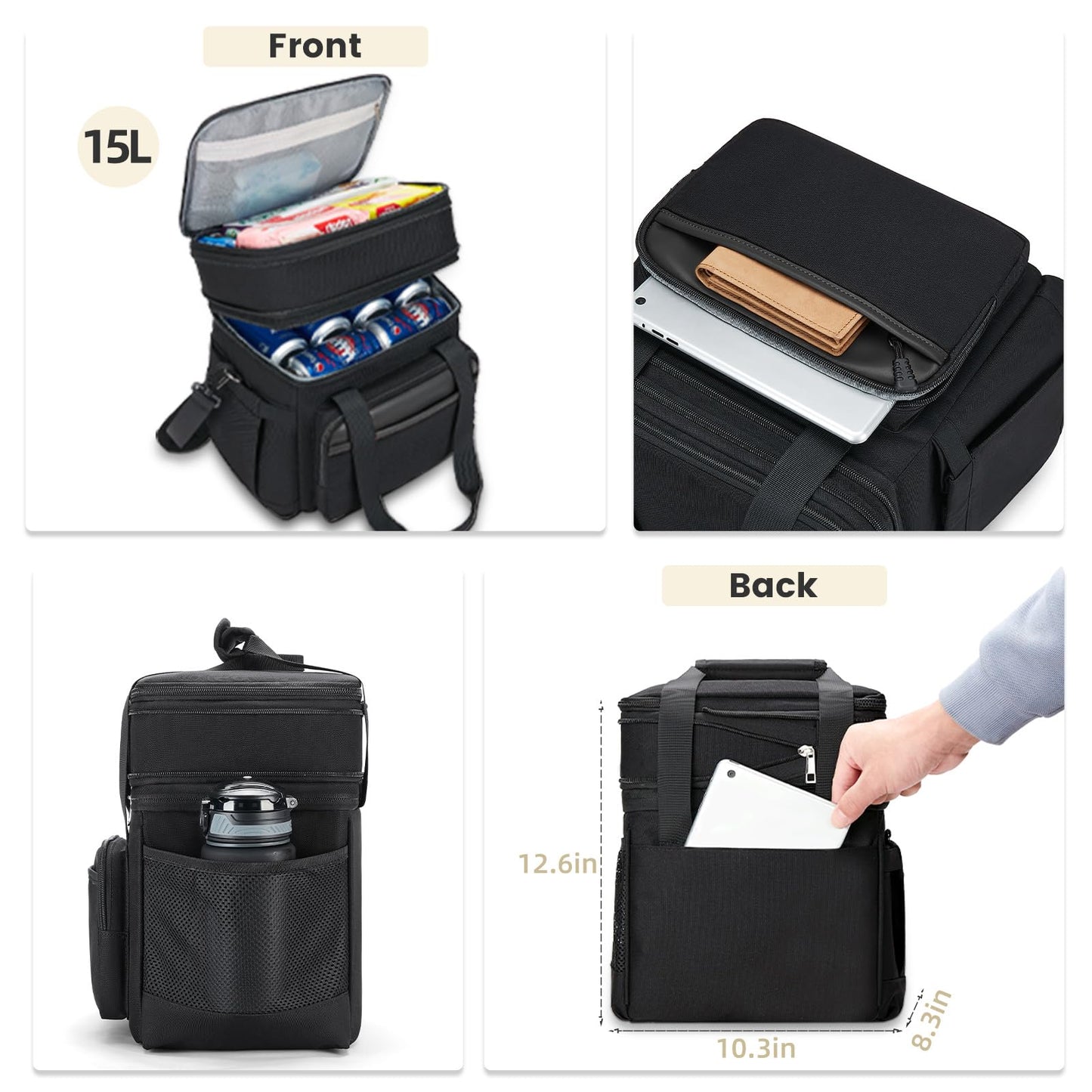 holuxer Insulated Lunch Bag & Lunch Box for Men - Double Deck Reusable Lunch Bag for Women Tote Cooler Bag Leakproof Soft Expandable - Large Lunchbox for Work/Adult/Picnic/Outdoor (Black，15L)