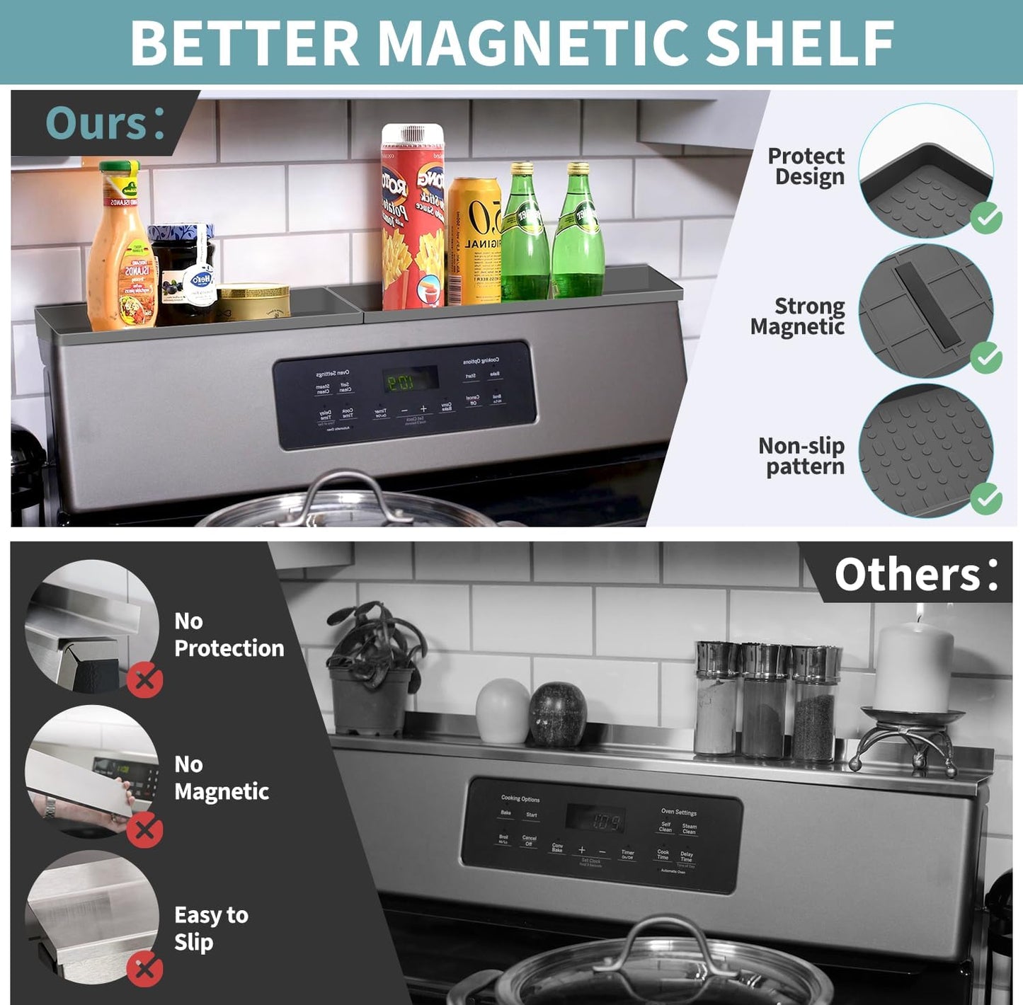 BFONS 30" Magnetic Stove Top Shelf, Silicone Top Heat Material Spice Rack, Kitchen Organization Gadgets (Grey)